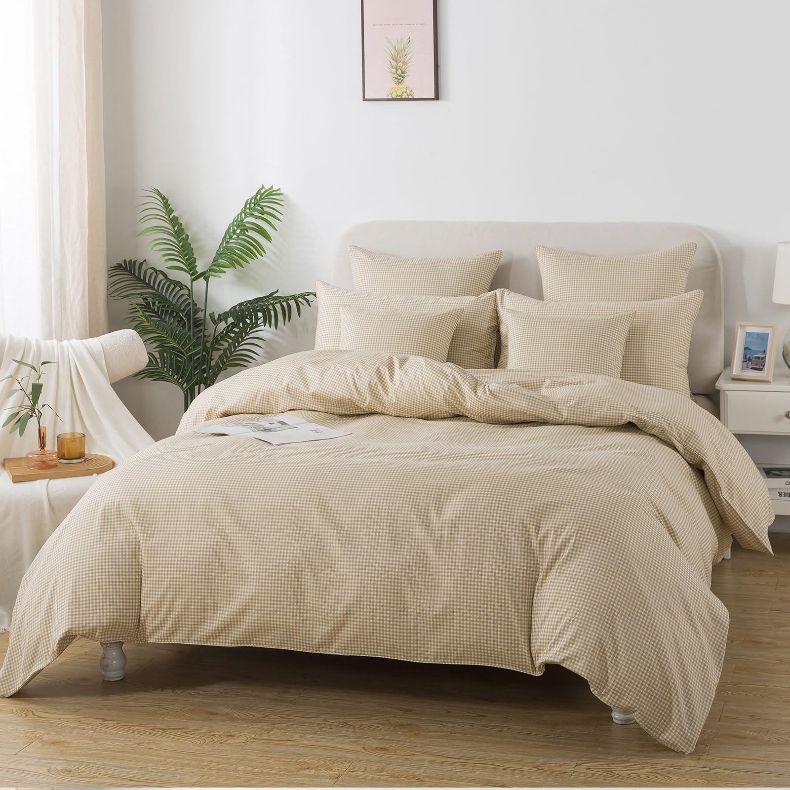 FADFAY 100% Cotton Brown Plaid Full Size Sheet Set - 4pc With Deep Pockets (2 Pillowcases)