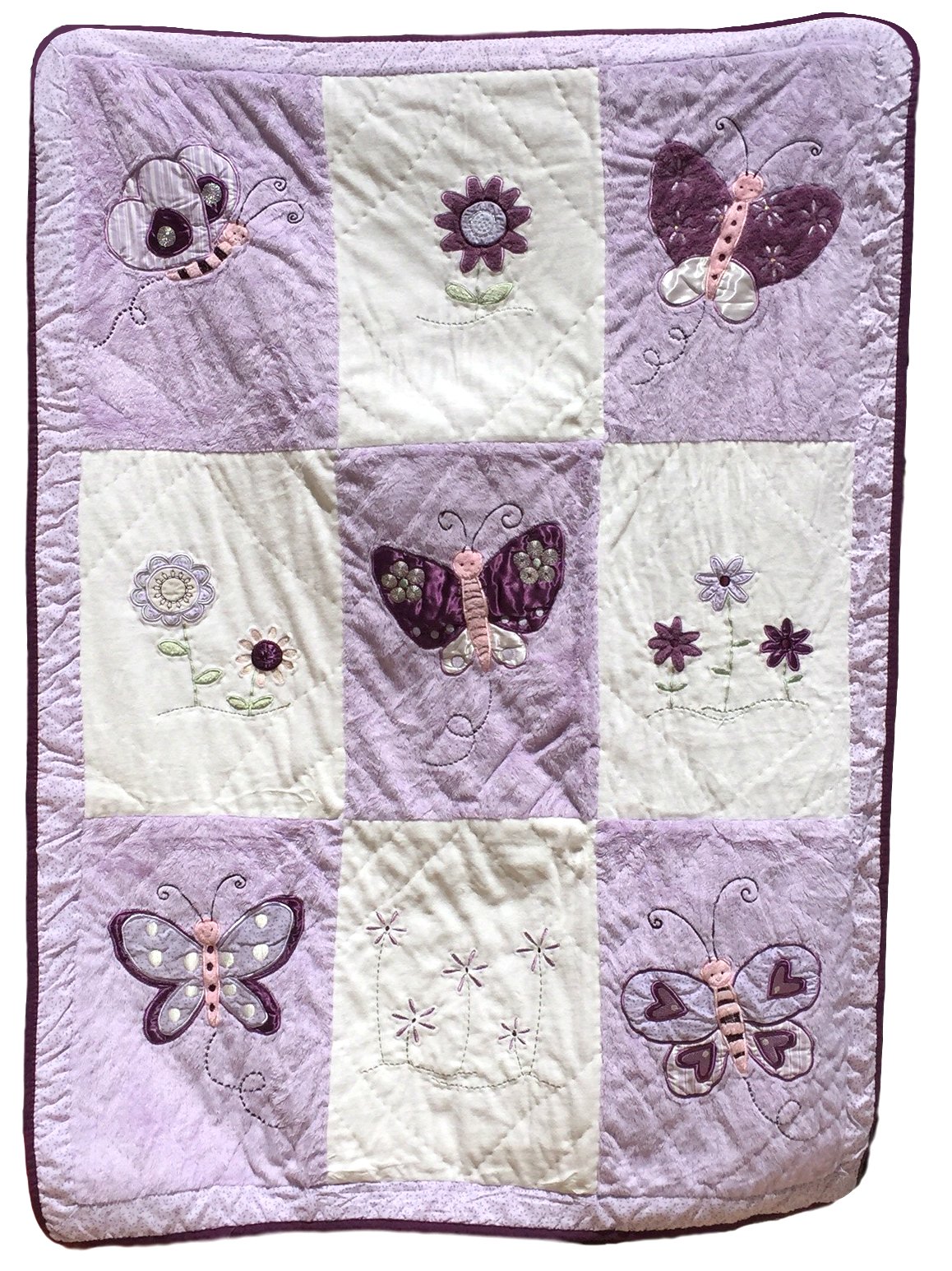 Luxurious Baby Girl Blankets, Super Soft, Patchwork Style, with Applique, Velvet and Faux Fur, 100% Cotton, Purple Butterfly Kisses Theme, 36X 50