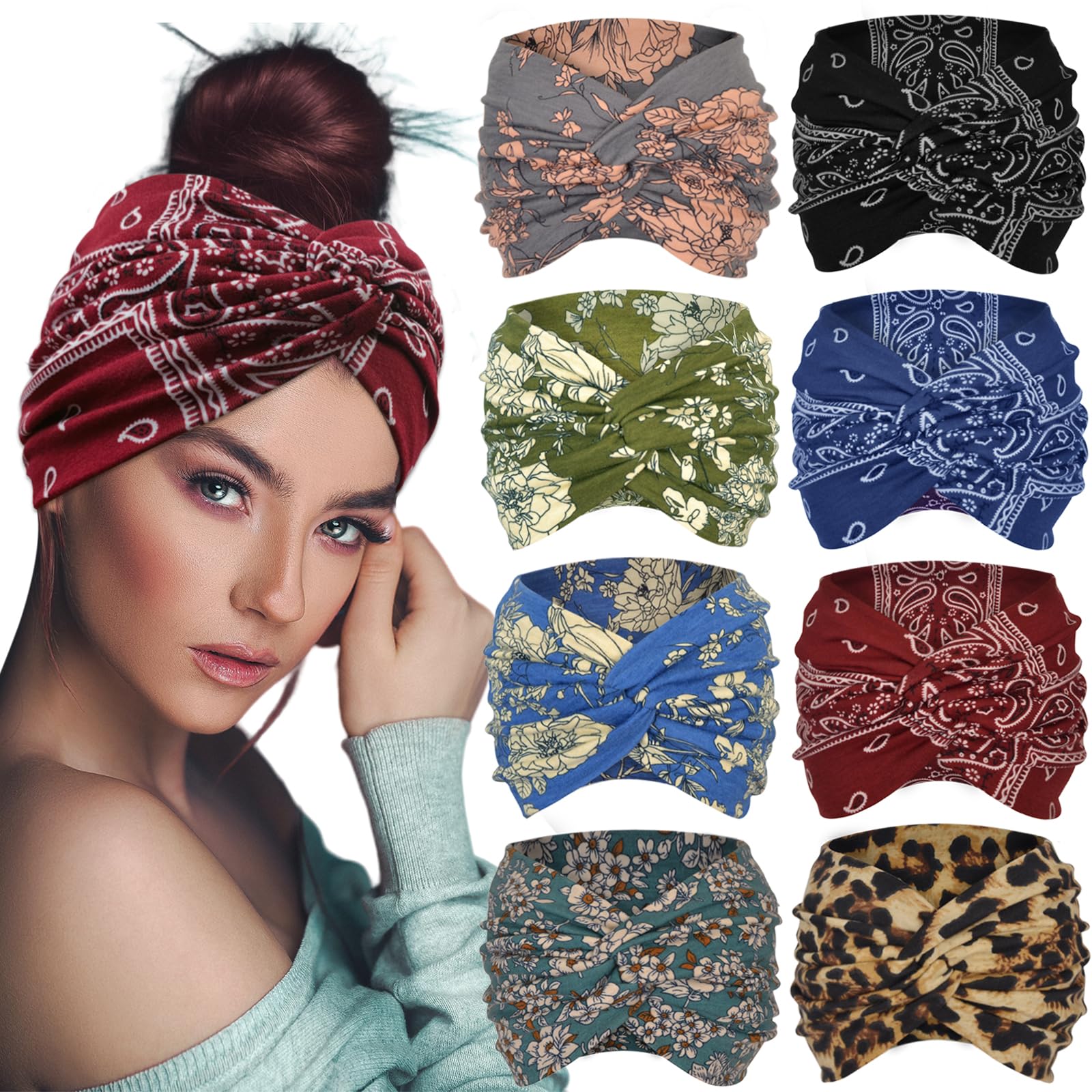 Sefiinh Boho bardzo szerokie opaski na głowę dla kobiet, 18 cm, duża opaska na głowę, damska opaska do włosów, elastyczny turban, akcesoria do stylizacji, 8 sztuk