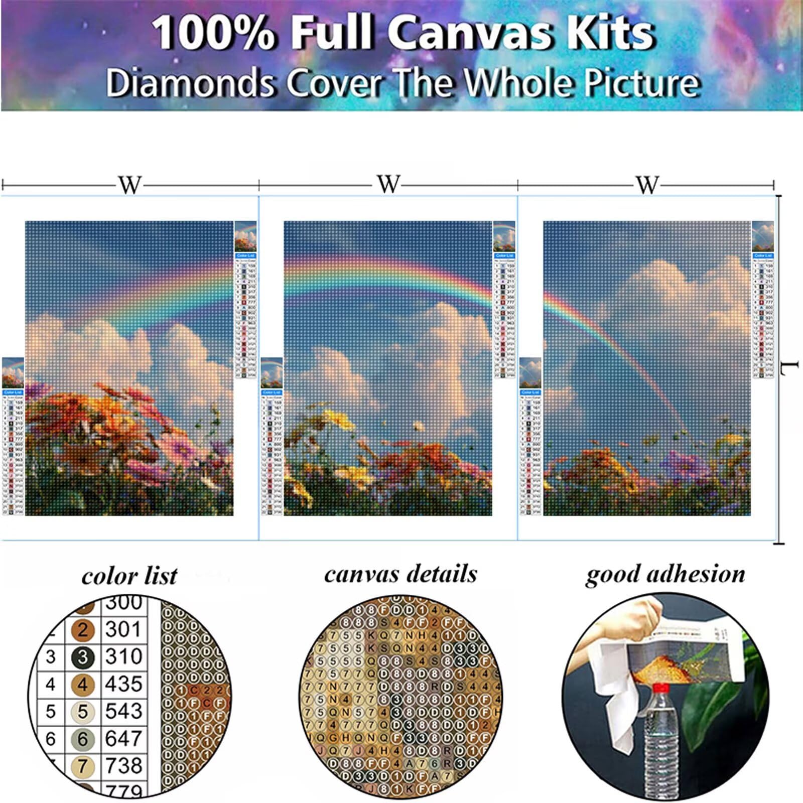 3 sztuki Rainbow Diamond Painting Full Kit Drill, DIY Zestawy do malowania kwiatami Diament Kwadratowy haft krzyżykowy Haft krzyżykowy Rzemiosło, Kobiety Hobby Prezent, Home Wall Decor 45 x 60 cm 2S