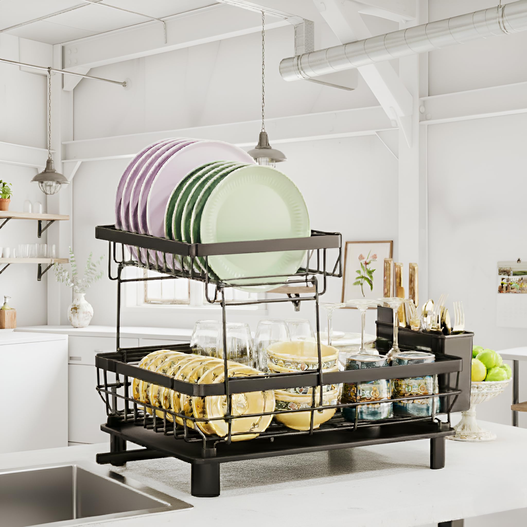 Silverfoks Home Black Dish Drainer Rack, 2 Tier Dish Drainer Rack With Drip Tray, Steel Dish Rack With Utensil Holder, Dish Draining Board For Small Kitchen Counter,