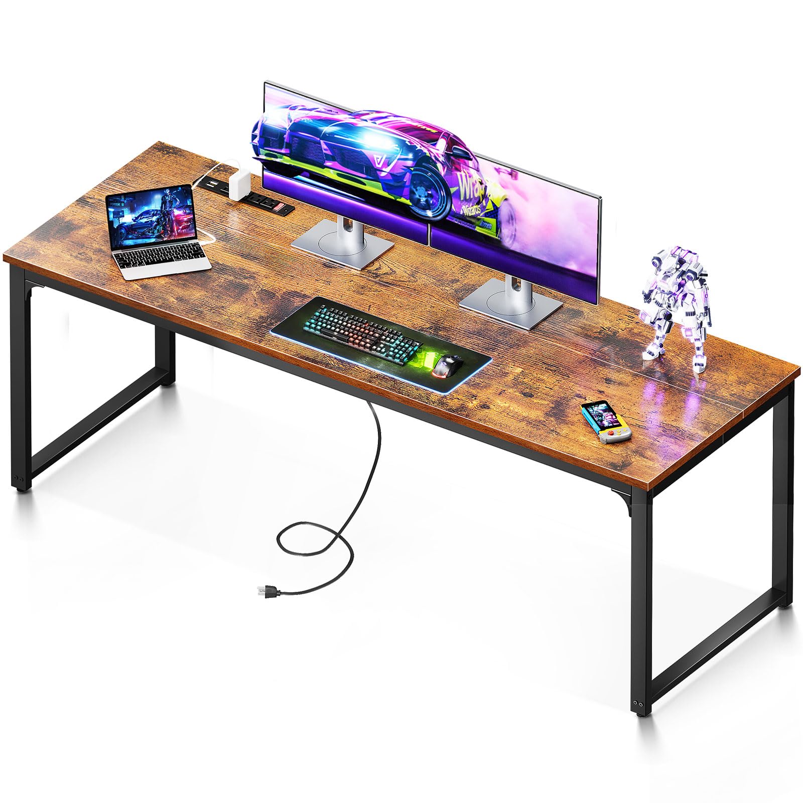 Coleshome 71 Inch Computer Desk with USB Ports, Large Office Desk, Long Study Student Writing Desk, Rustic Brown