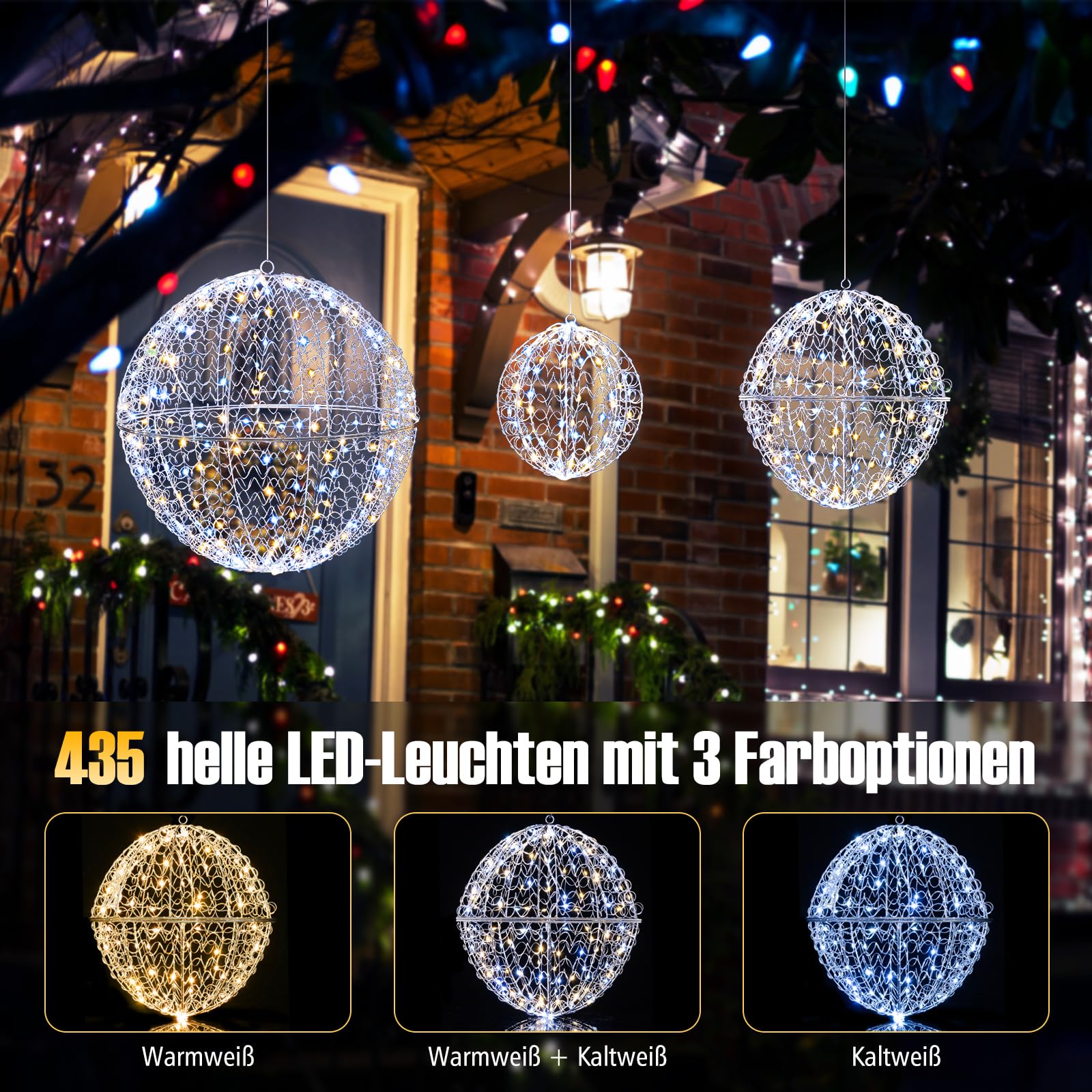 COSTWAY 3er Set LED Dekokugel, 435 LEDs, 3 Lichtfarben & 8 Modi, Weihnachtsbeleuchtung für innen und außen