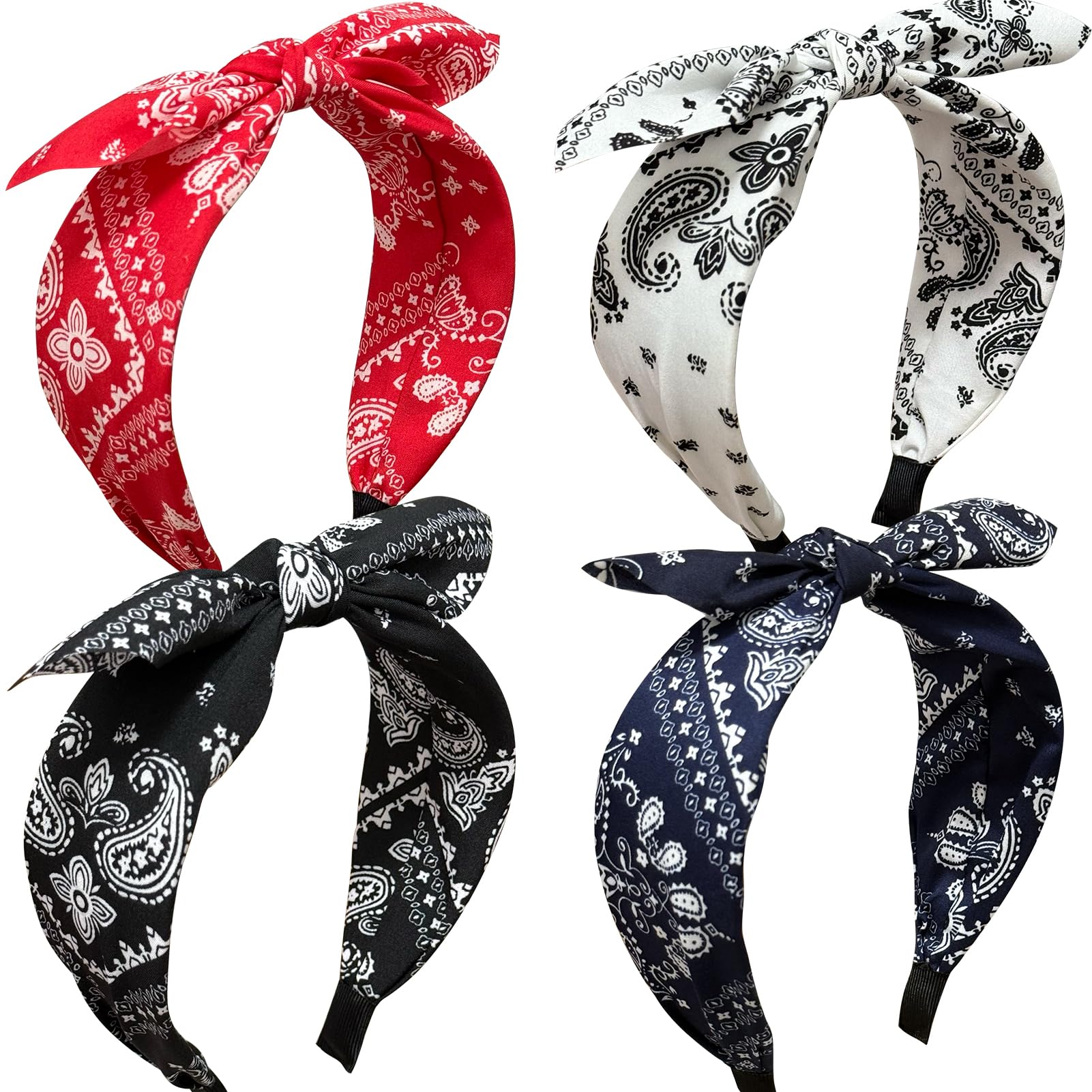 Jseng 4Packs Knotted Headbands for Women, Bow Headbands, Floral Bandana, Cute Rabbit Ear Hairbands White, Red, Navy, Black