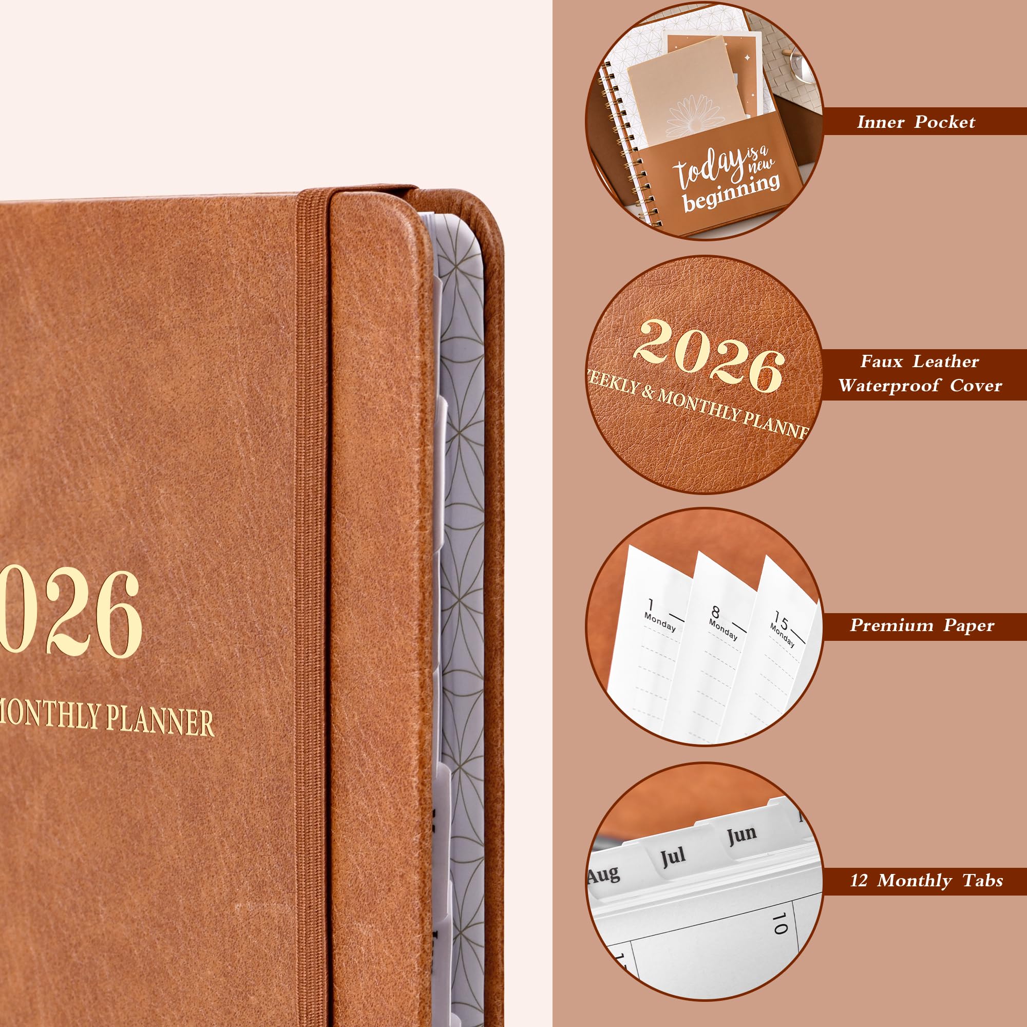 Planer 2026, tygodniowy planer miesięczny 2026, od stycznia 2026 do grudnia 2026, planer kalendarza 2026 z kieszenią wewnętrzną, stronami na notatki, 14,6 cm x 21 cm