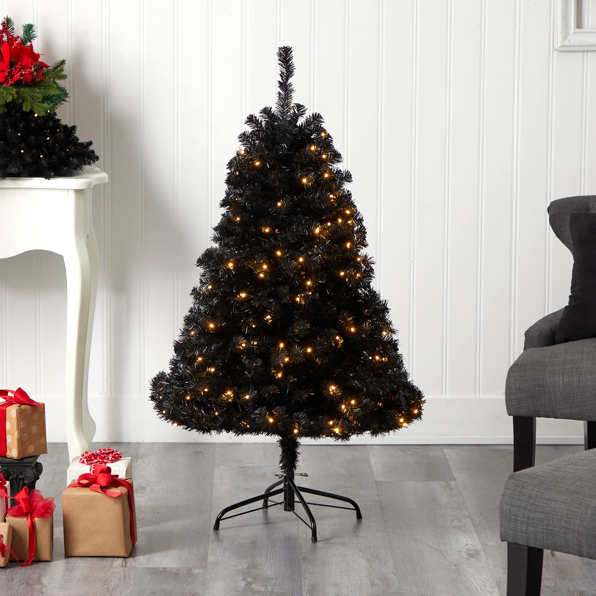 Nearly Natural 4ft Black Artificial Christmas Tree with 170 Clear LED Lights