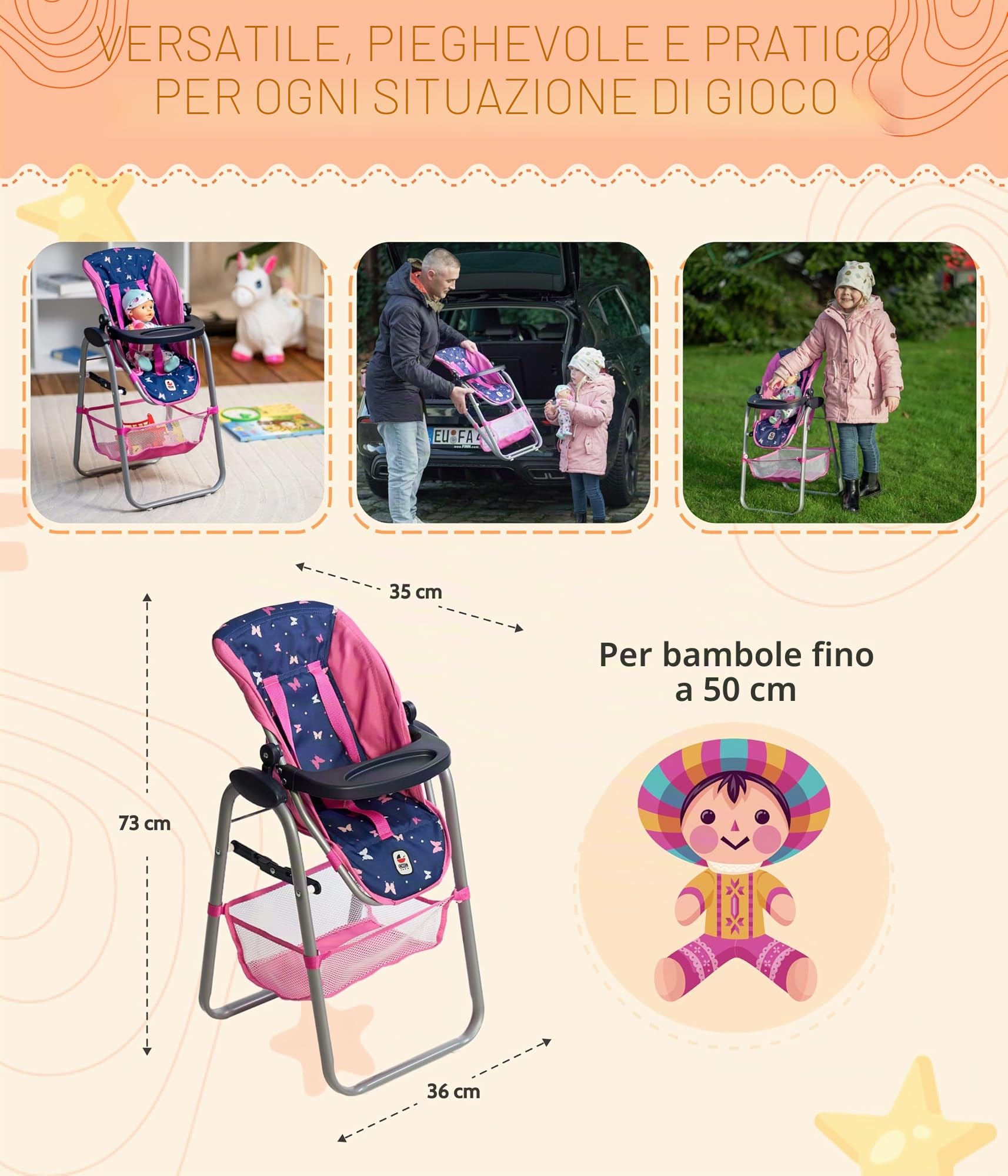 Bayer Chic 2000 Seggiolone per bambole, colore blu navy, regolabile e pieghevole, con schienale e rete per bagagli, per bambole fino a 50 cm, accessori per bambole 3-8 anni