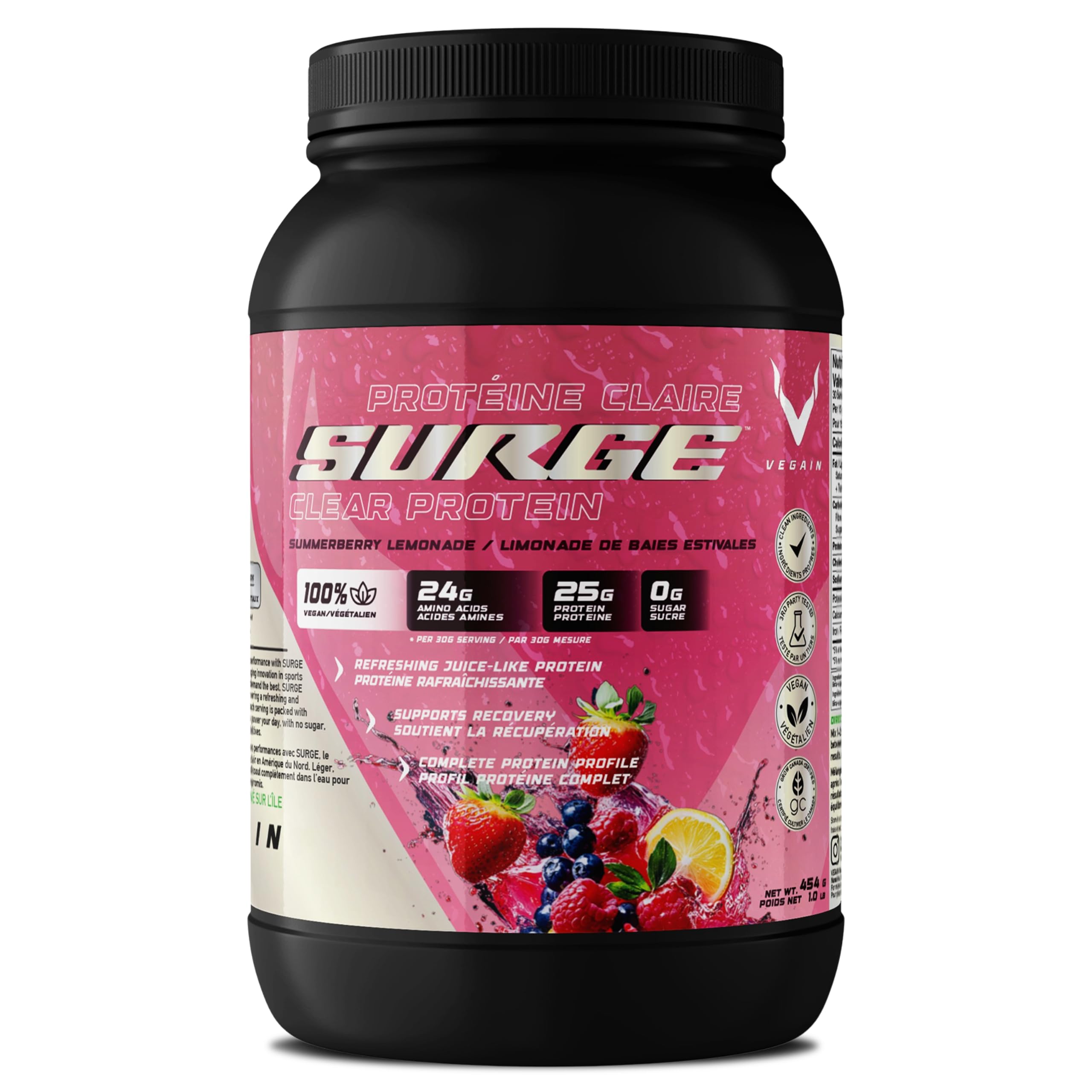 PRO-SURGE Clear Protein + Electrolytes - Summerberry Lemonade - Plant-Based Protein Isolate, Non-GMO, Sugar &amp; Dairy-Free, Soy-Free, Gluten-Free Hydration, Clear &amp; Refreshing Juice-Like Drink 454g