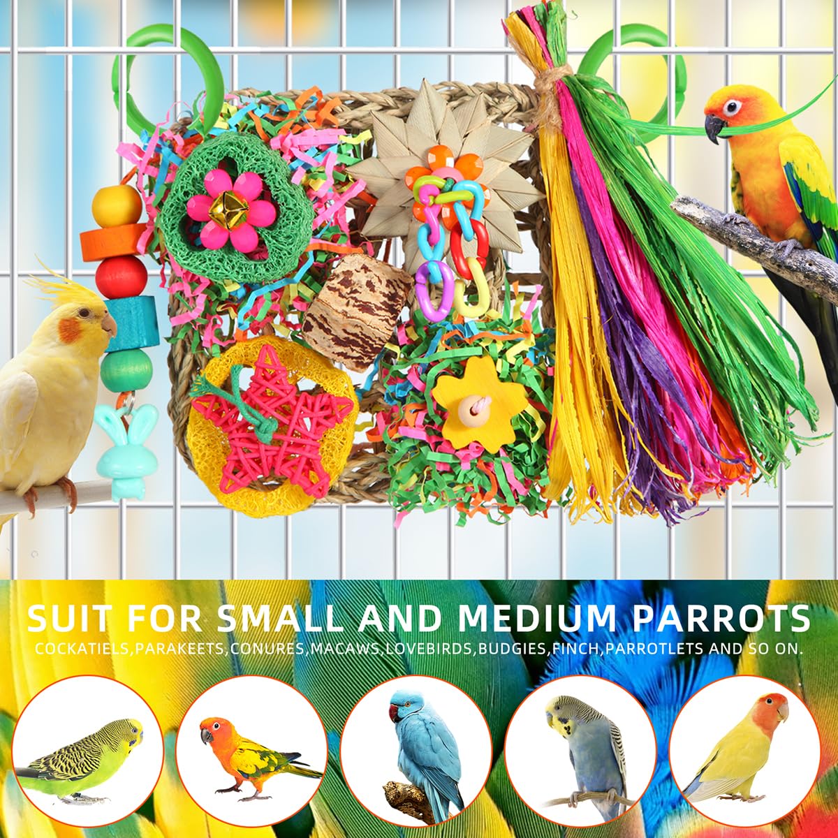Bird toys, Parakeet Toys Bird Foraging Toys Grass Mat Climbing Wall for Parakeet,Parrot,Cockatiel,Conure,Lovebird,Budgie Cage Small to Medium Birds (warm sun)