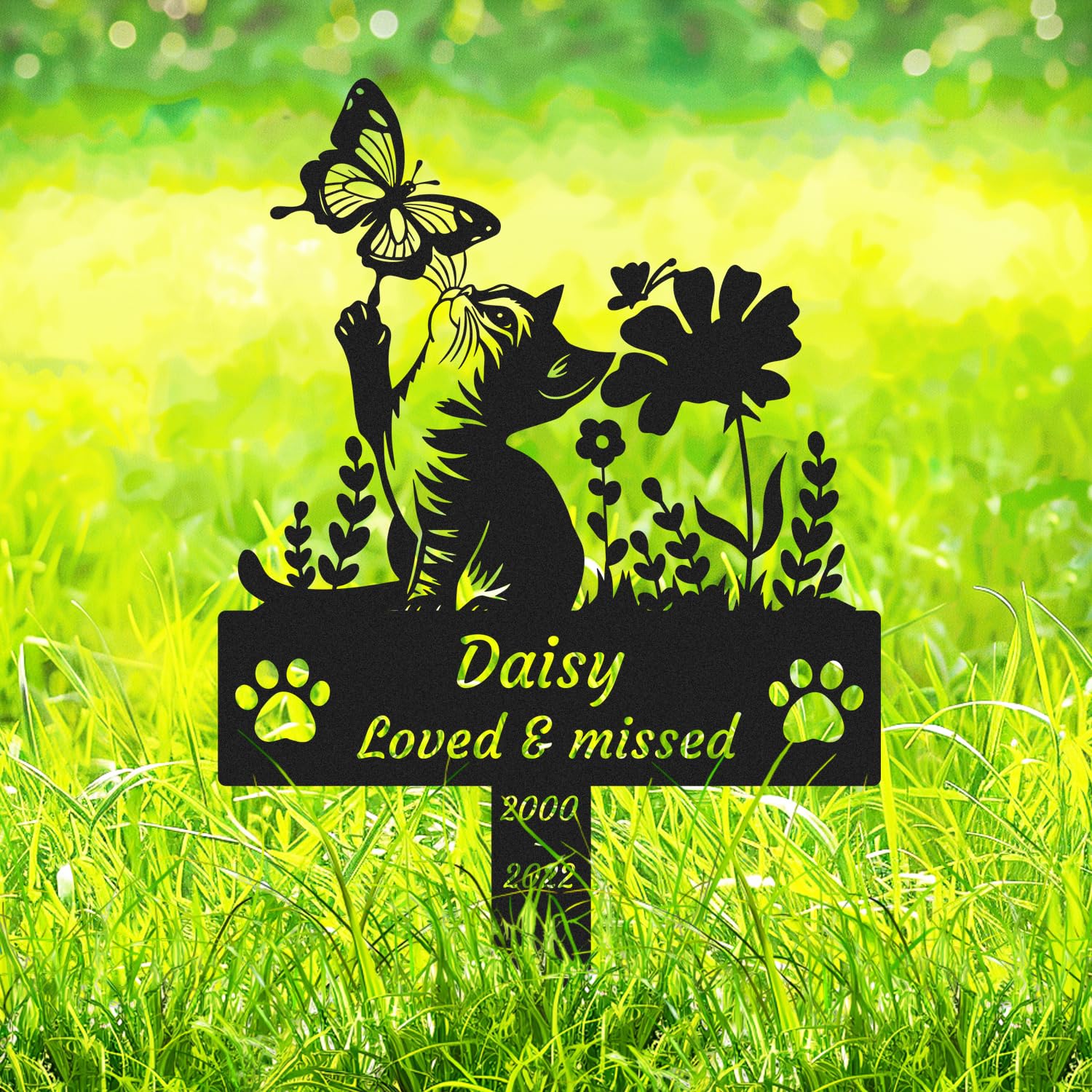 AdtHYUxq Personalised Pet Cat Memorial Grave Marker for Outdoor Metal Sign, Custom Flowers Butterfly Cat Memorial Stake, Pet Cat Loss Memorial Plaque Tombstone Headstone Cemetery Garden Marker