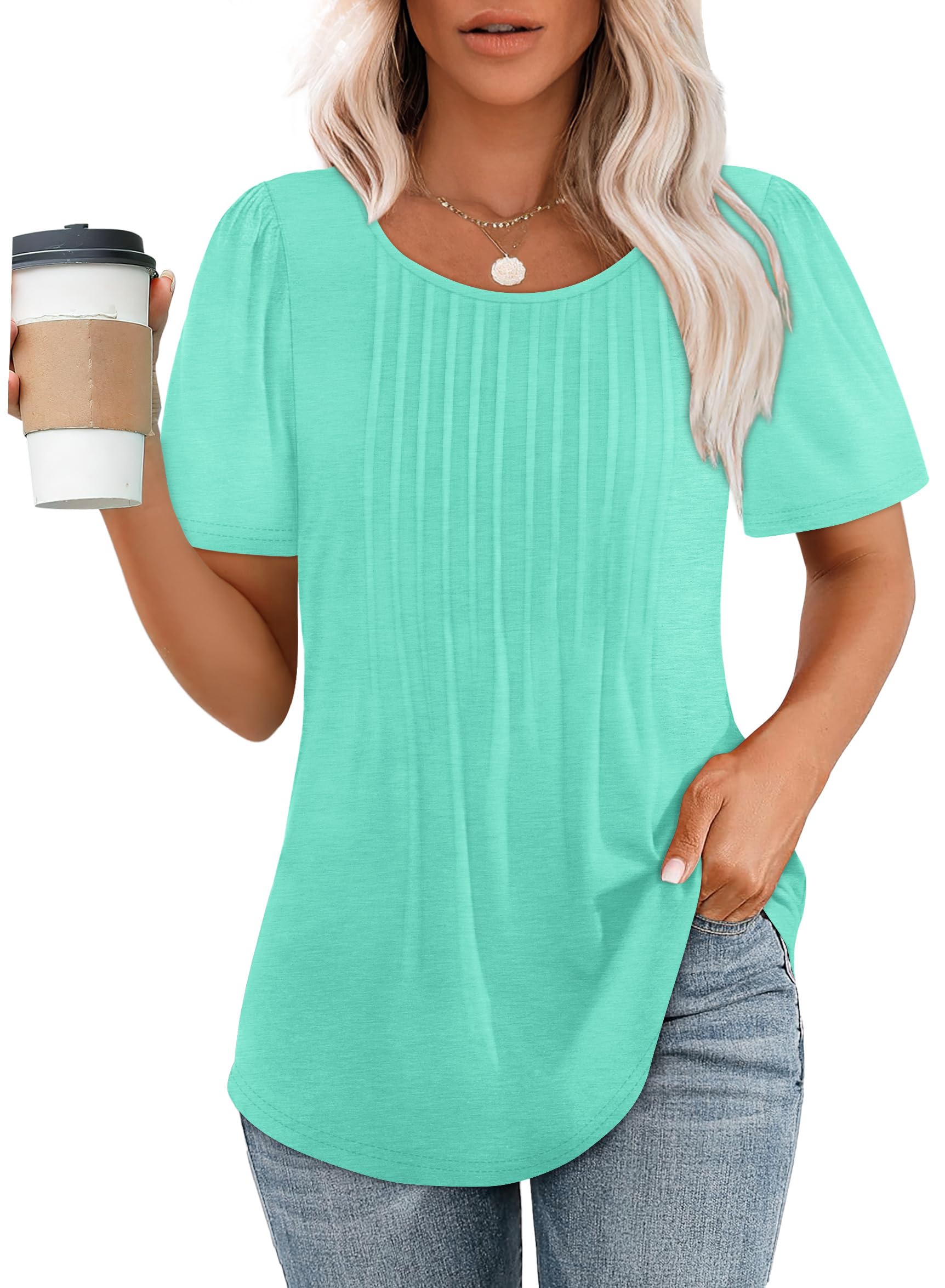 OFEEFAN Womens T Shirts Short Sleeve Pleated Dressy Casual Scooped Neck Summer Tops Blouses