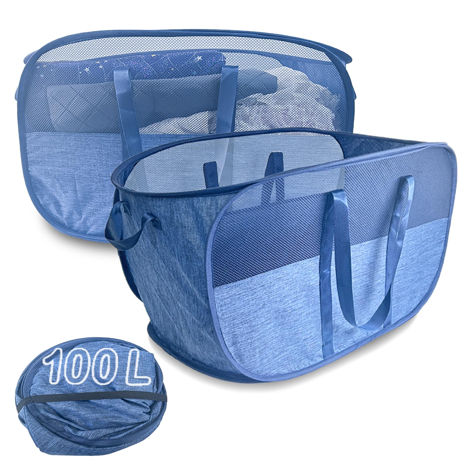 100L Collapsible Laundry Baskets 2 Pack, Extra Large Mesh Pop Up Laundry Hamper, Dirty Clothes Hamper with Reinforced Handles, Folding Hampers for Travel. Dorm or Home Portable Laundry Baskets. Blue