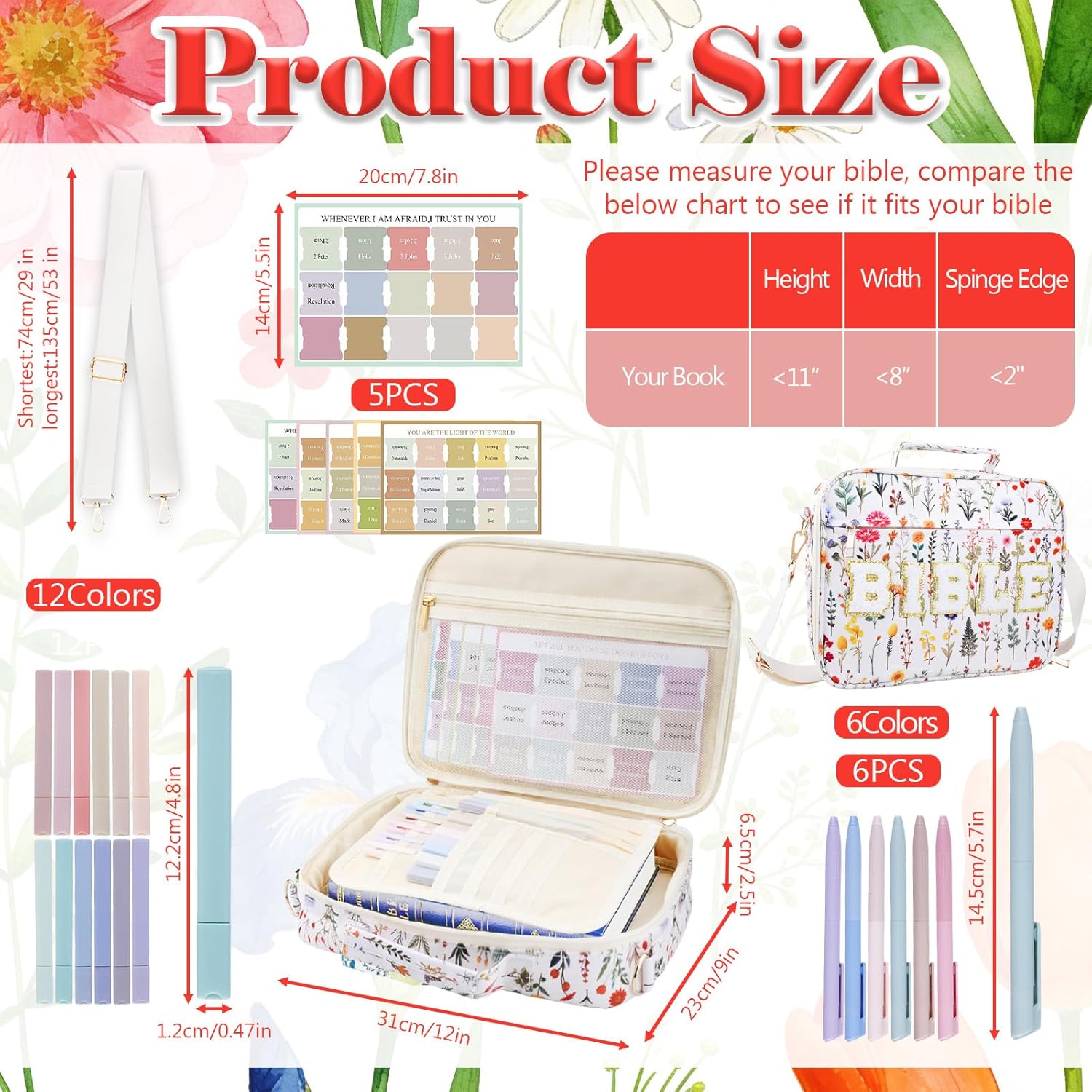 Large Bible Cover Case for Women, 12 x 9 x 2.5 Inch Letter Bible Bag with Shoulder Strap Carrying Bag with Tabs 6 Colored Pens 12 Highlighters, Back to School Study Supplies Christian Church Gifts