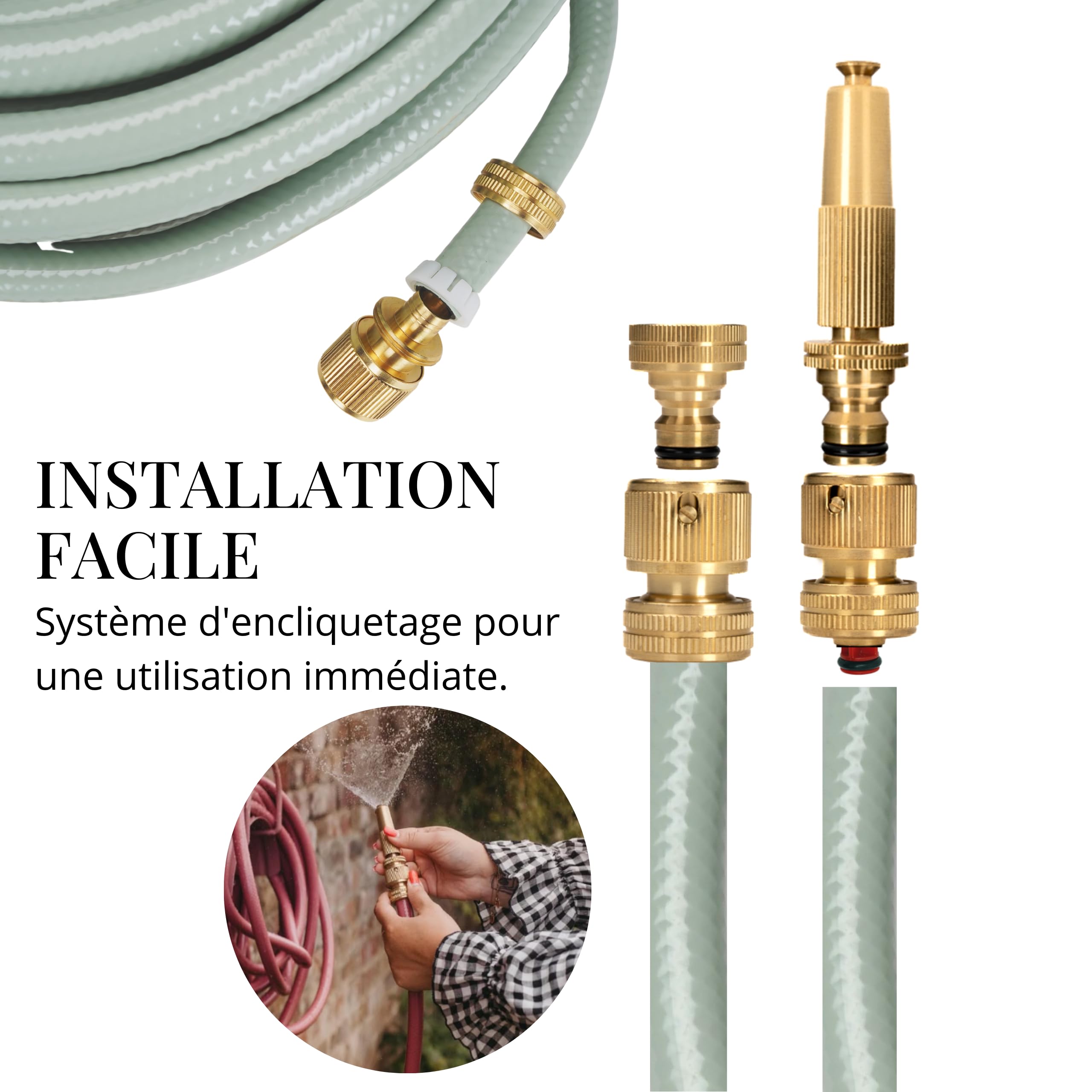LIVLIG Lance de jardin Goldie en laiton 1/2" 13mm avec arrêt d'eau et raccord de robinet