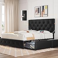 Vista 1 de Topeakmart Base de cama de plataforma tapizada tamaño Queen con 4 cajones de almacenamiento, 2 puertos USB integrados, cabecera ajustable, cama