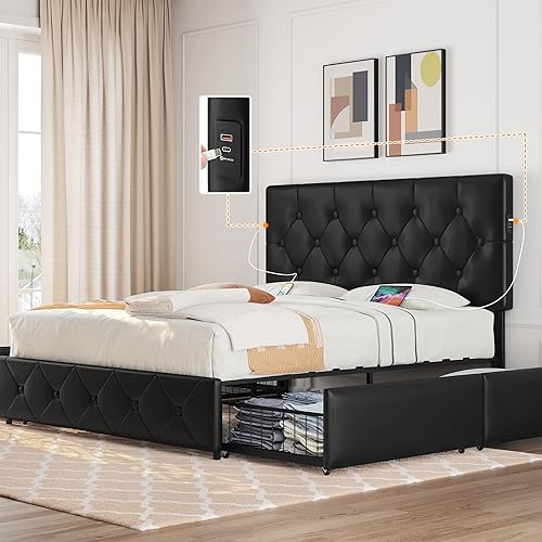 Topeakmart Base de cama de plataforma tapizada tamaño Queen con 4 cajones de almacenamiento, 2 puertos USB integrados, cabecera ajustable, cama de