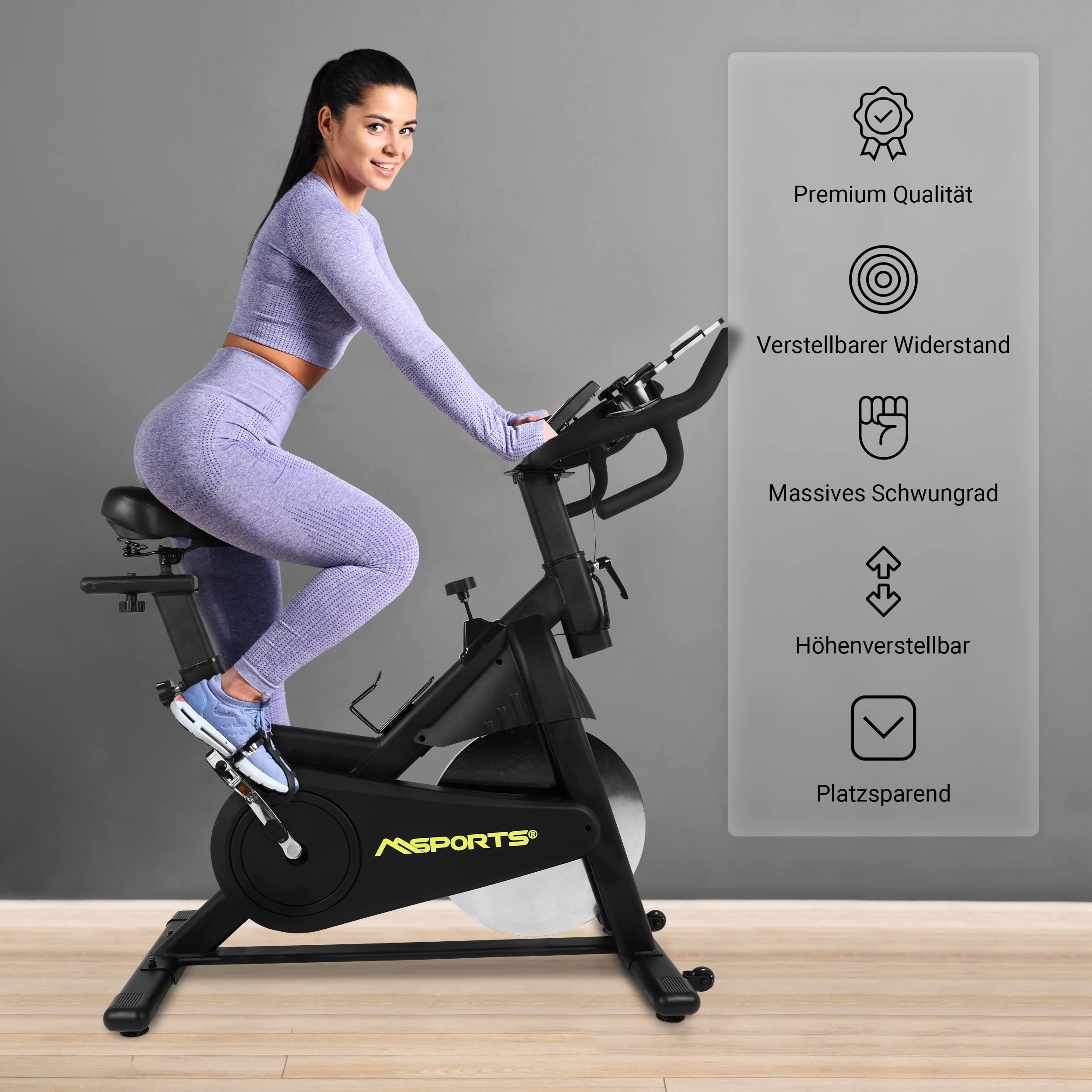 MSPORTS Cycling Bike Elite Black Series | Speed Bike da 20 kg | Ergometro - Cyclette con app Bluetooth e trasmissione a cinghia silenziosa | Fitness Cyclette