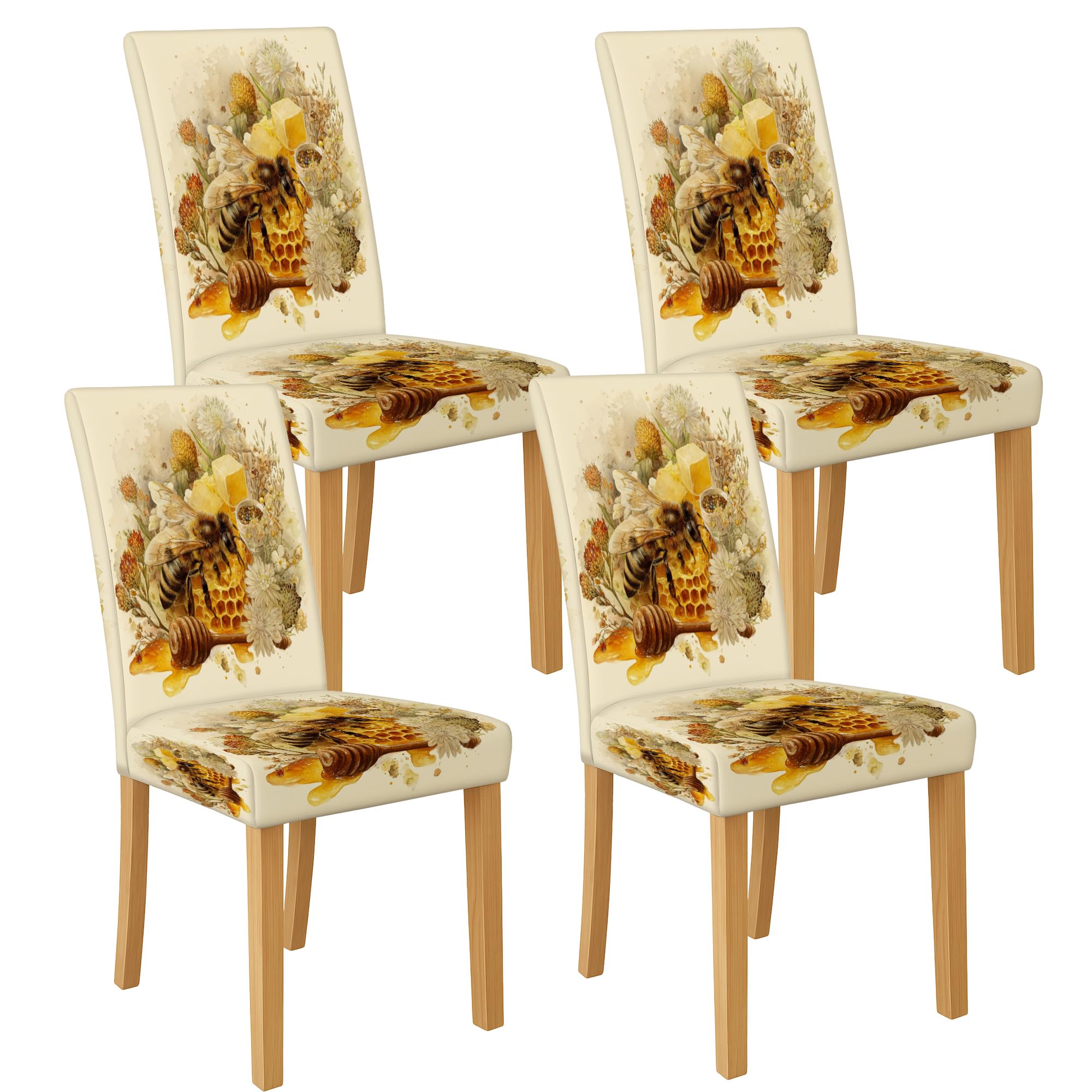 Honey Bee Pattern Chair Covers for Dining Chairs, Stretch & Washable Spandex Seat Protectors, Rustic Decorative Slipcovers for Kitchen Dining Room 4PCS