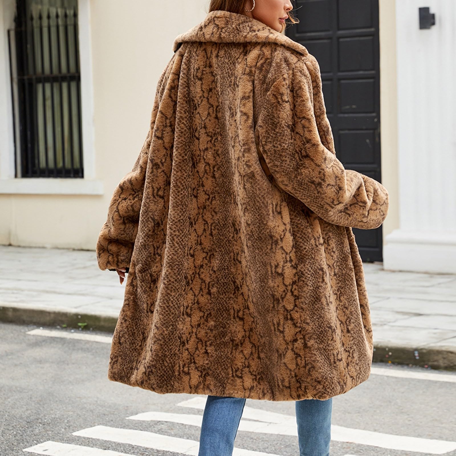 Generisch Giacca invernale da donna, cappotto caldo, lungo, elegante, trench risvolti, spesso cappotto invernale, soffice giacca termica in pile, giacca di peluche aperta, per le mezze stagioni