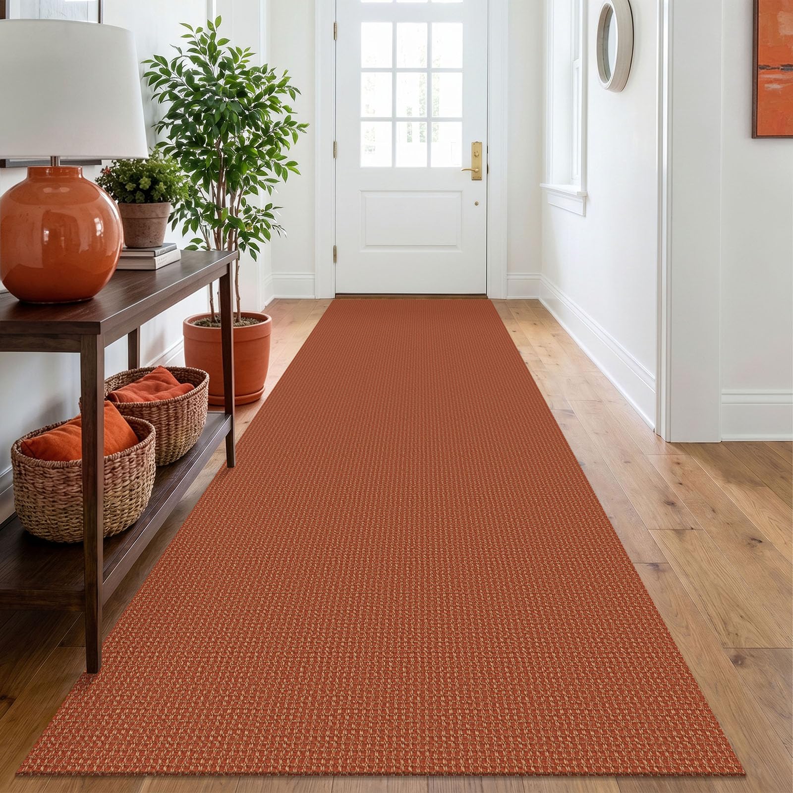 IOHOUZE Washable Runner Rug 3x10 Non Slip Rubber Backed Long Hallway Runner Entryway Runner Indoor, Kitchen Rugs Woven Cotton Floor Carpet for Hall Entrance, Burnt Orange/Tan
