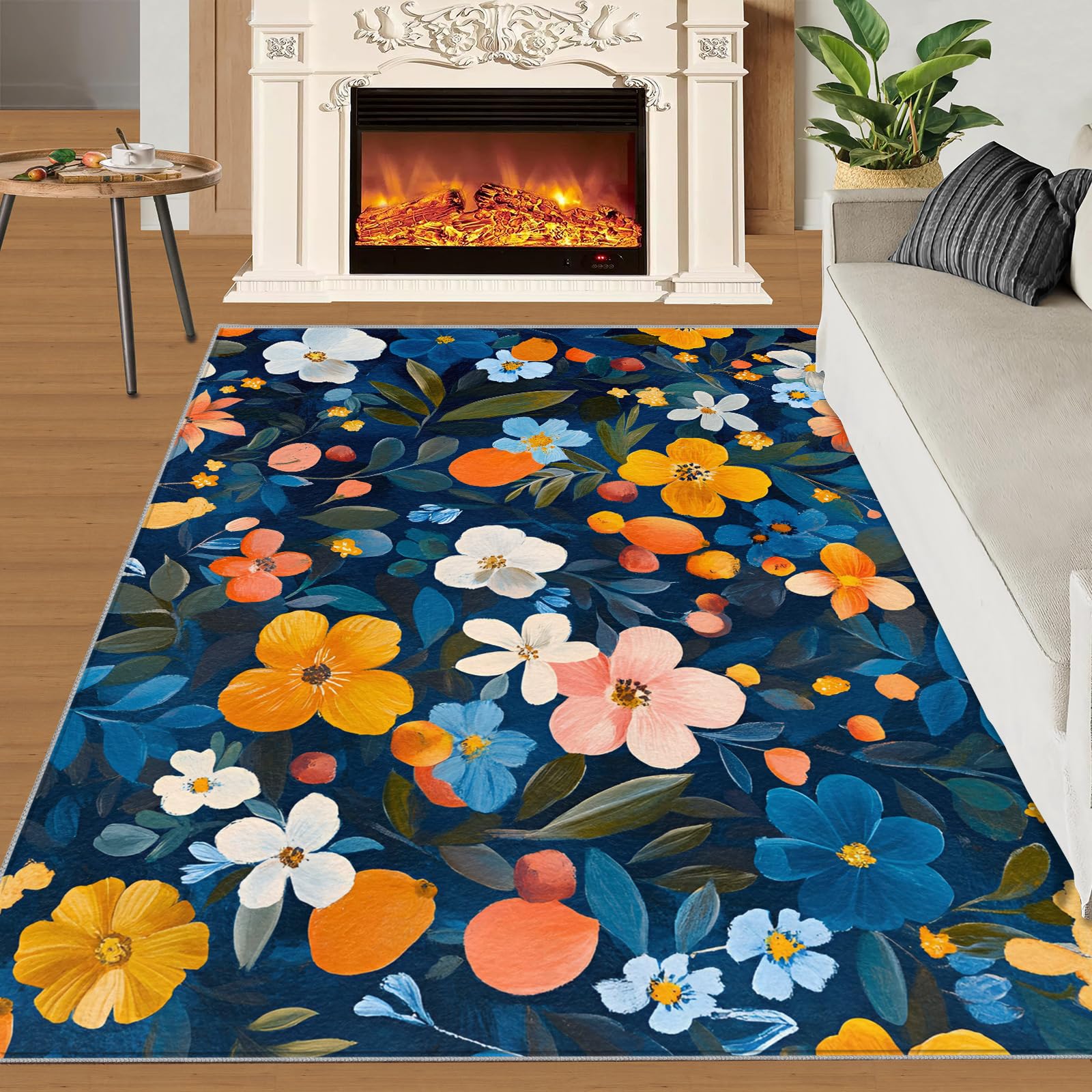 Tapis à motif floral pour décoration d'intérieur et cadeaux, 180 x 200 cm, tapis lavable pour chambre à coucher, tapis d'intérieur antidérapant et à poils bas, aquarelle rustique floral
