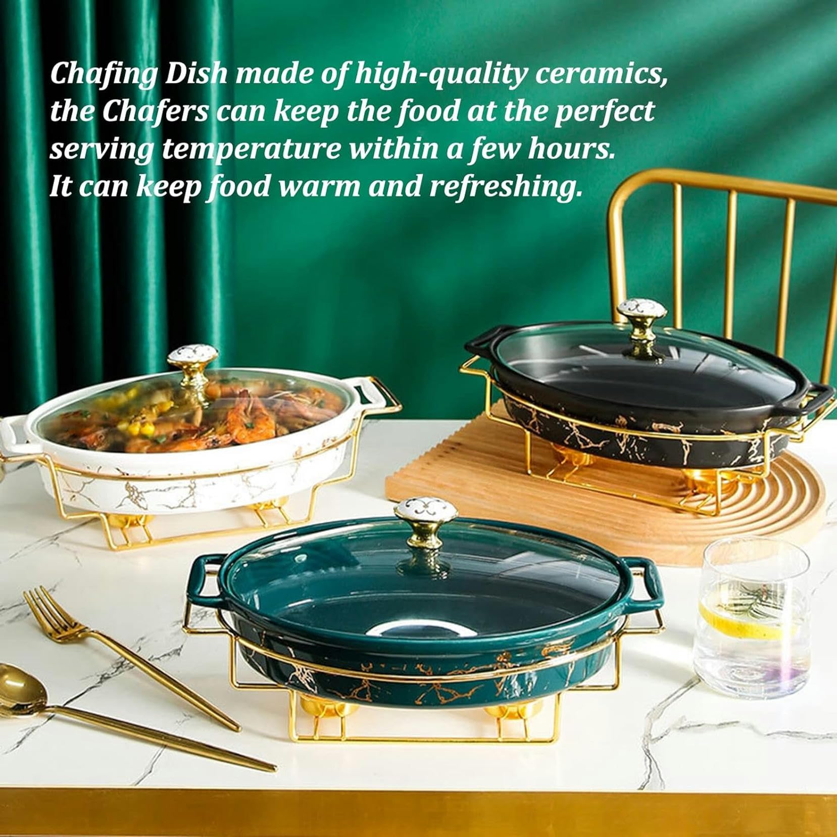 Set da Buffet con scaldavivande in Ceramica, Finitura Effetto Marmo, con Coperchio in Vetro e Porta-combustibile per Buffet/Banchetti (Nero L)