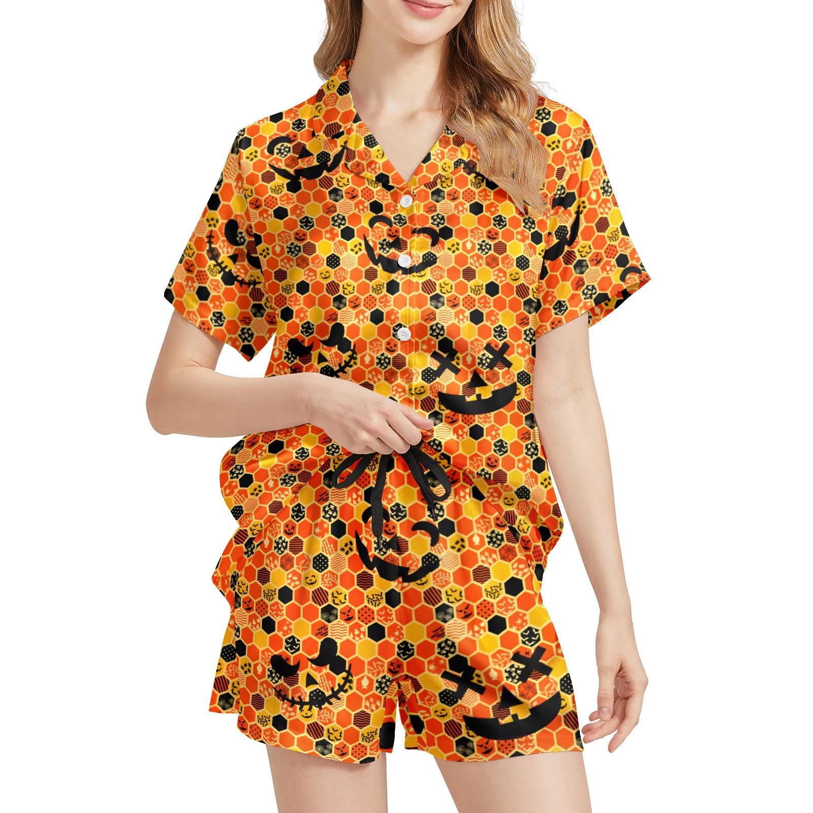 Funny Pajamas for Women Set Print Satin Loungewear Pjs Short Sleeve Button Down Top and Shorts Sets Sleepwear XS-3XL