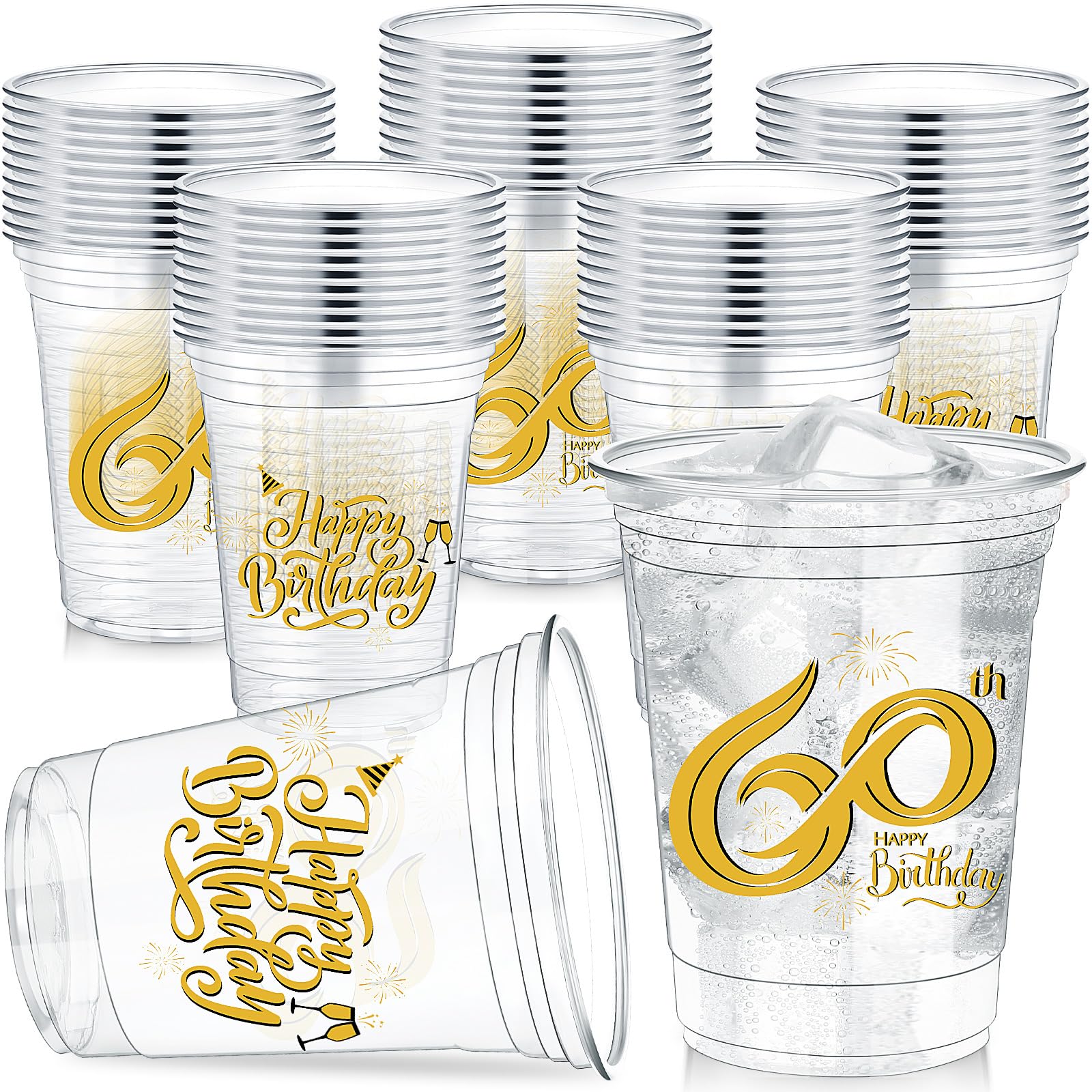 Yiyiring 60 Pcs 12 oz 60th Birthday Party Plastic Cups 60th Happy Birthday Cups Cheers to 60 Years Clear Tumblers Decorations for Party Supplies
