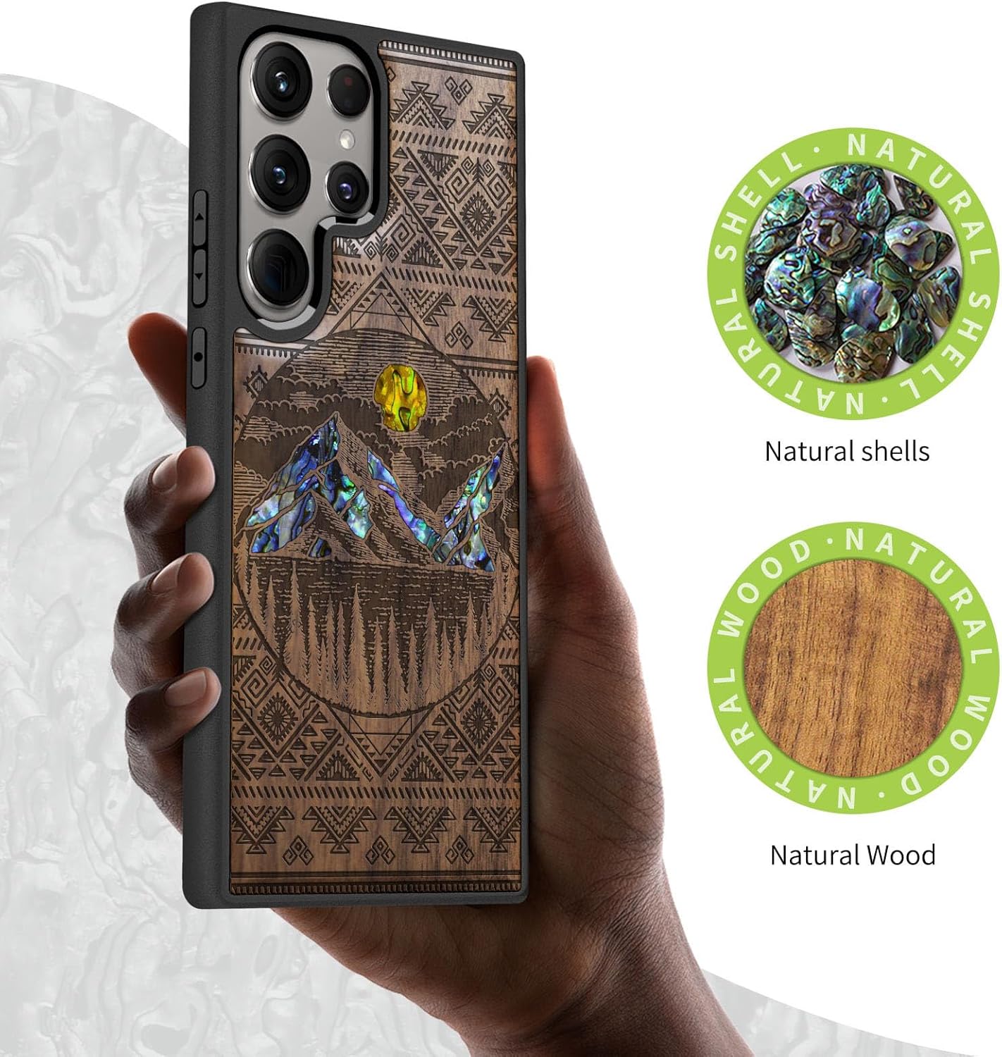 Carveit Designer Wooden Case for Samsung Galaxy S24 Ultra Case [Wood Engraving & Shell Inlay] Compatible with Wireless Chargers S24 Ultra Cover (Aztec Style Alpine Lakes-Walnut)