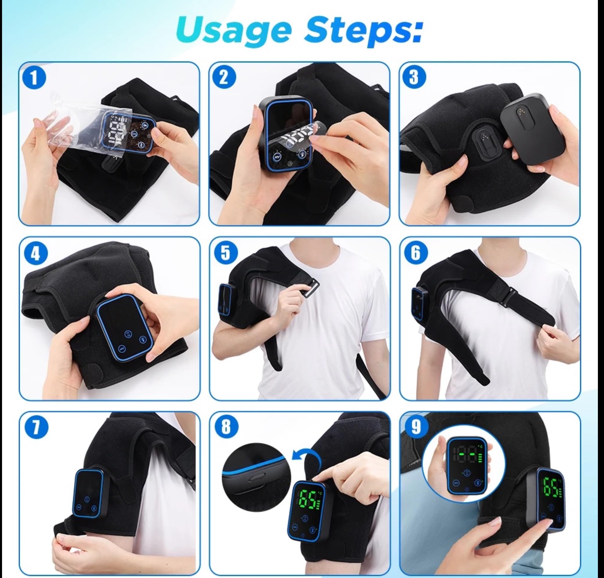 Massageur d'Épaule Chauffant 3 en 1 avec Vibration – Thérapie Chaud/Froid, Écran LCD, 3 Niveaux de Massage, 40–70°C – Sangle Réglable
