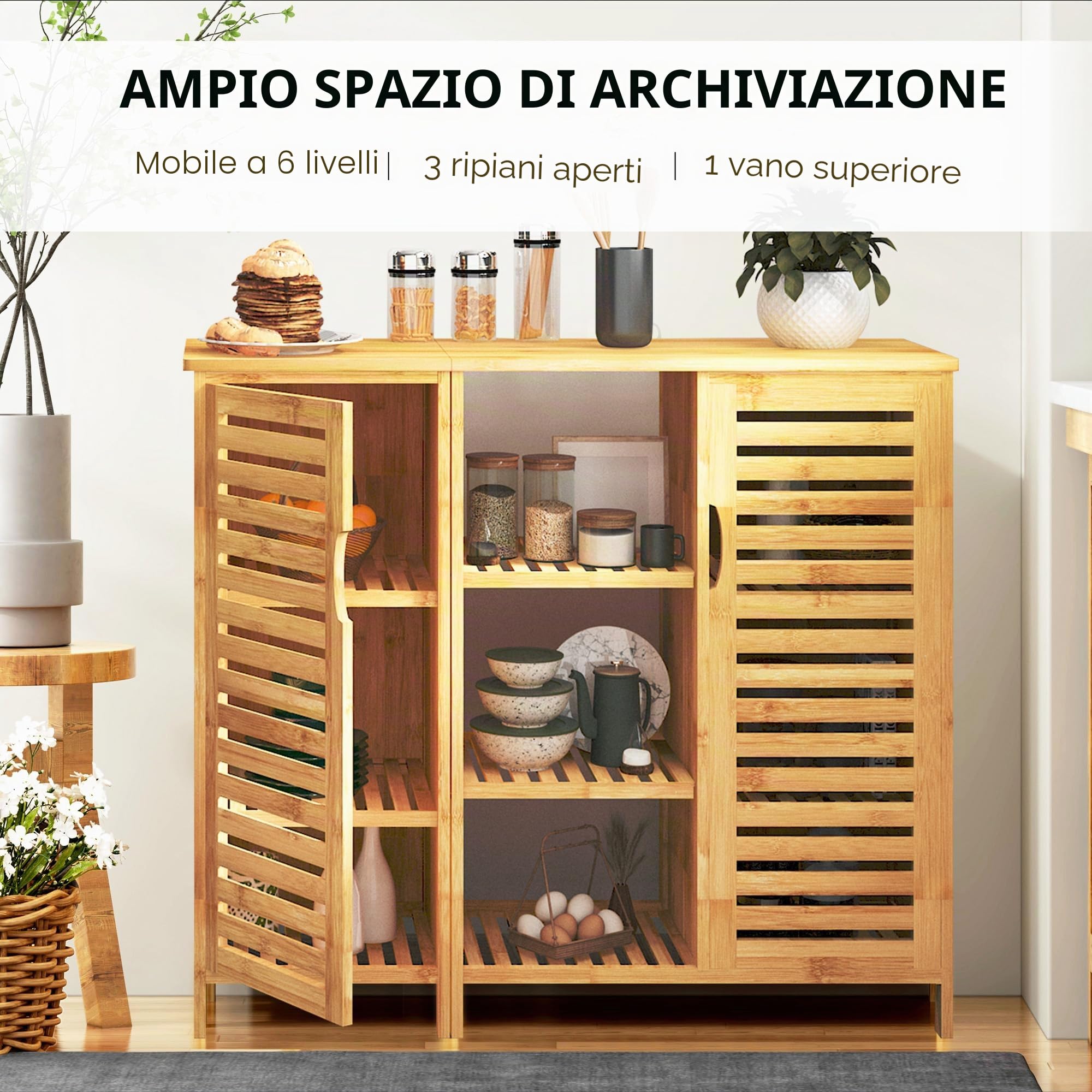 SogesPower Armadietto Portaoggetti da Bagno in Bambù Credenza Autoportante per Soggiorno, Cucina, Ufficio Domestico