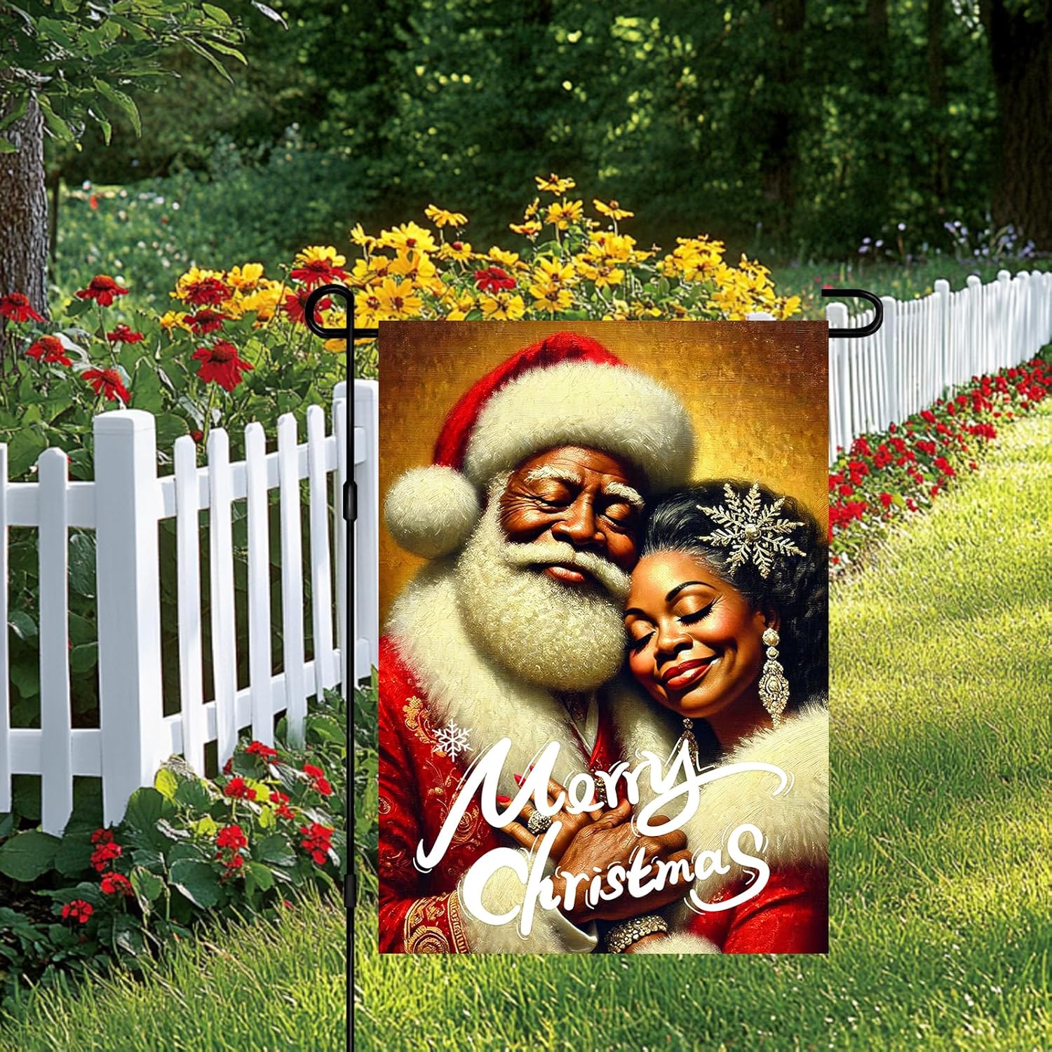 Santa and Mrs. Christmas Garden Flag 12x18" Double Sided Black Santa Merry Christmas Small Yard Flag Winter Outdoor Decorations - Image 2