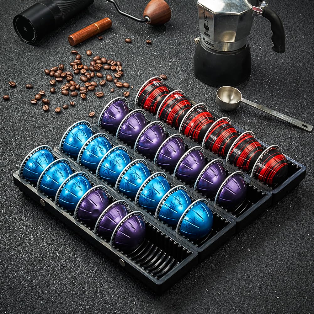 Lot de 4 organiseurs de tiroir pour capsules de café Nespress Vertuo, plateau de rangement pour capsules de café, connexion magnétique, noir