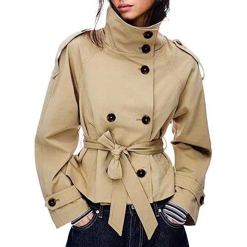 Women's Cropped Trench Coat Double Breasted Short Jacket High Collar Fall Winter Coats Trendy Outfit with Belt