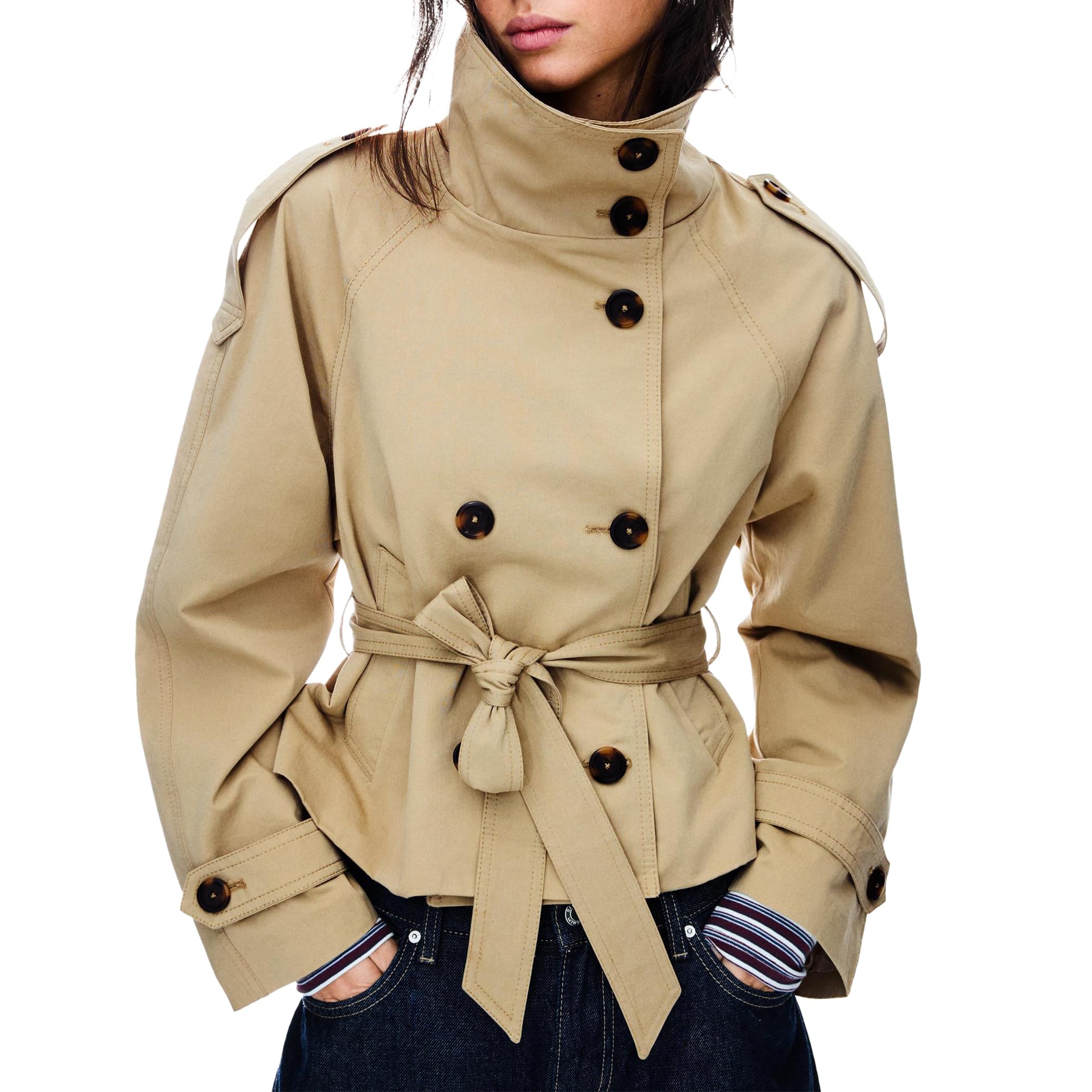 Womens Cropped Trench Coat Double Breasted Short Jacket High Collar Fall Winter Coats Trendy Outfit with Belt
