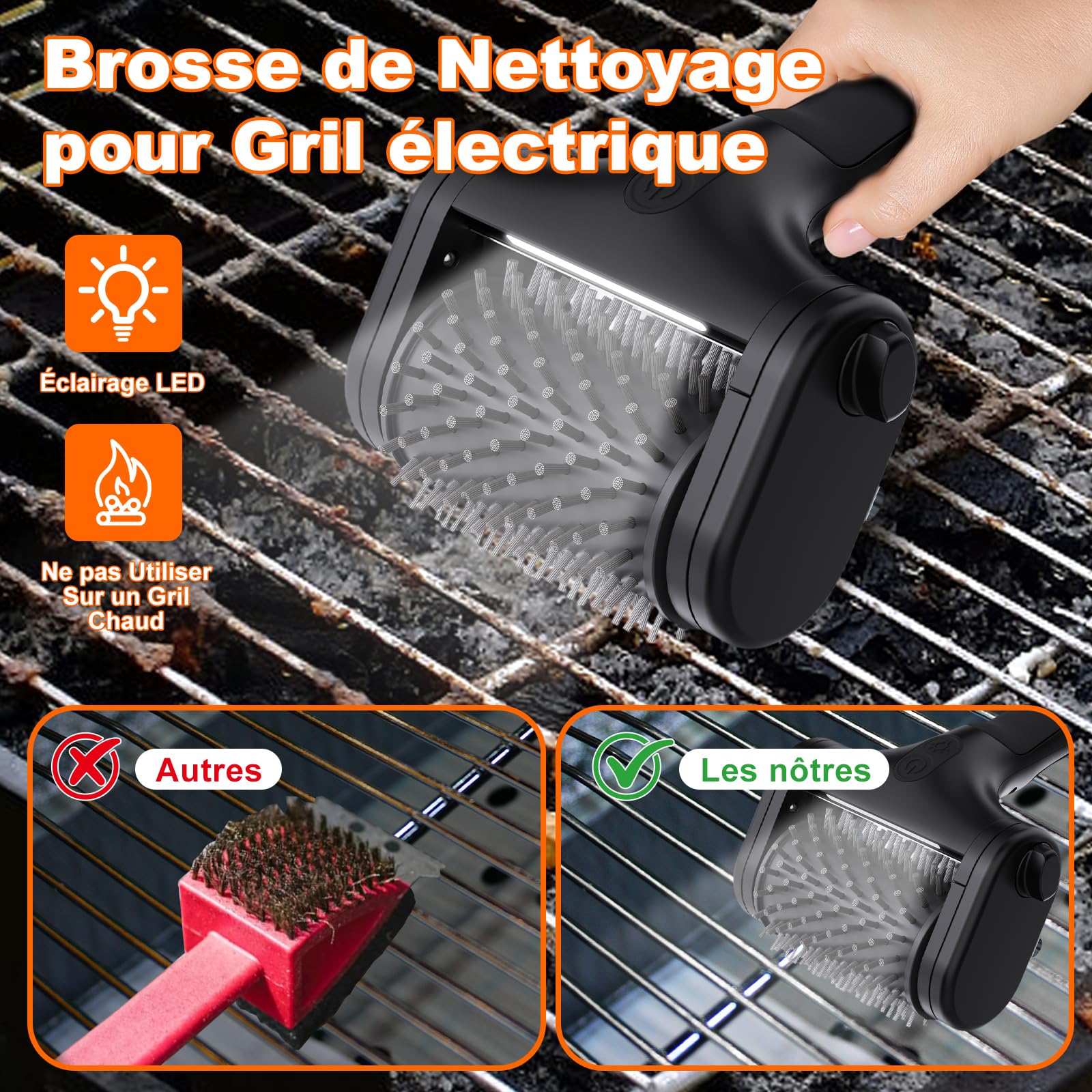 Brosse éLectrique pour Barbecue, Deux Vitesses (590RPM, 1000RPM), Deux TêTes de Brosse Incluses, éClairage LED, Brosse éLectrique Rechargeable AdaptéE à Tous Les Types de Barbecues Noire