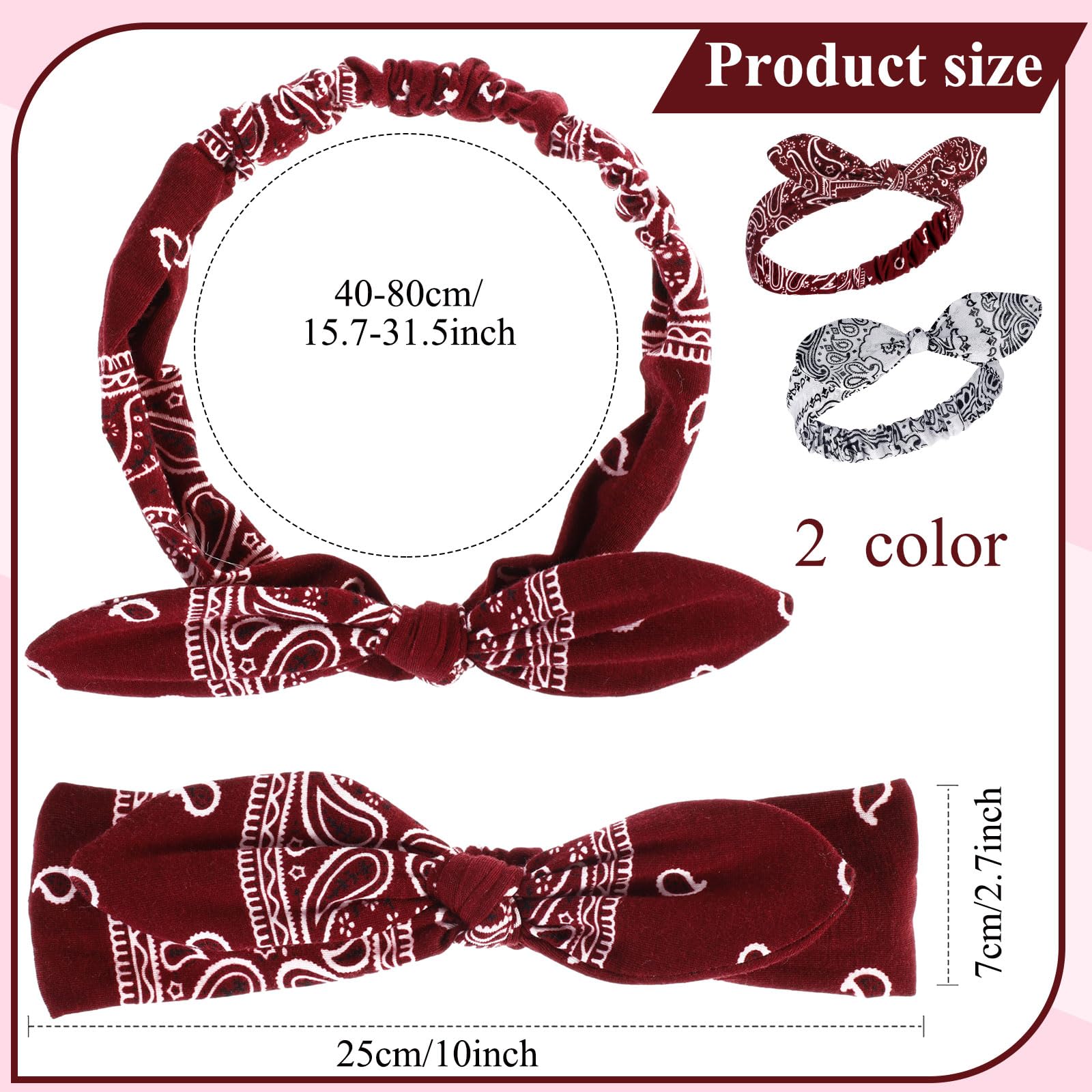 Hicarer 2 Pieces Bandana Headband for Women, Knot Retro Print Bandana Paisley Print Headband Adjustable Headwrap(Deep Red, White)