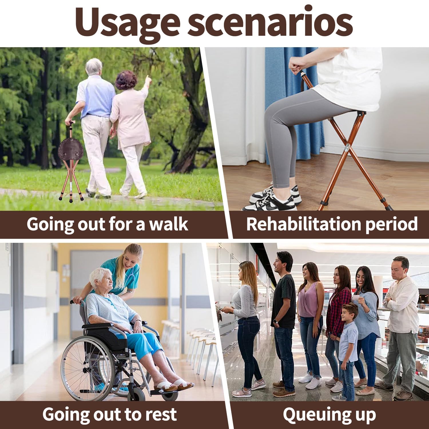 Bastón plegable con asiento, bastón de caminar con asiento, altura regulable, bastón de tres patas, 3 patas, soporta hasta 120 kg, aluminio robusto y ligero, antideslizante