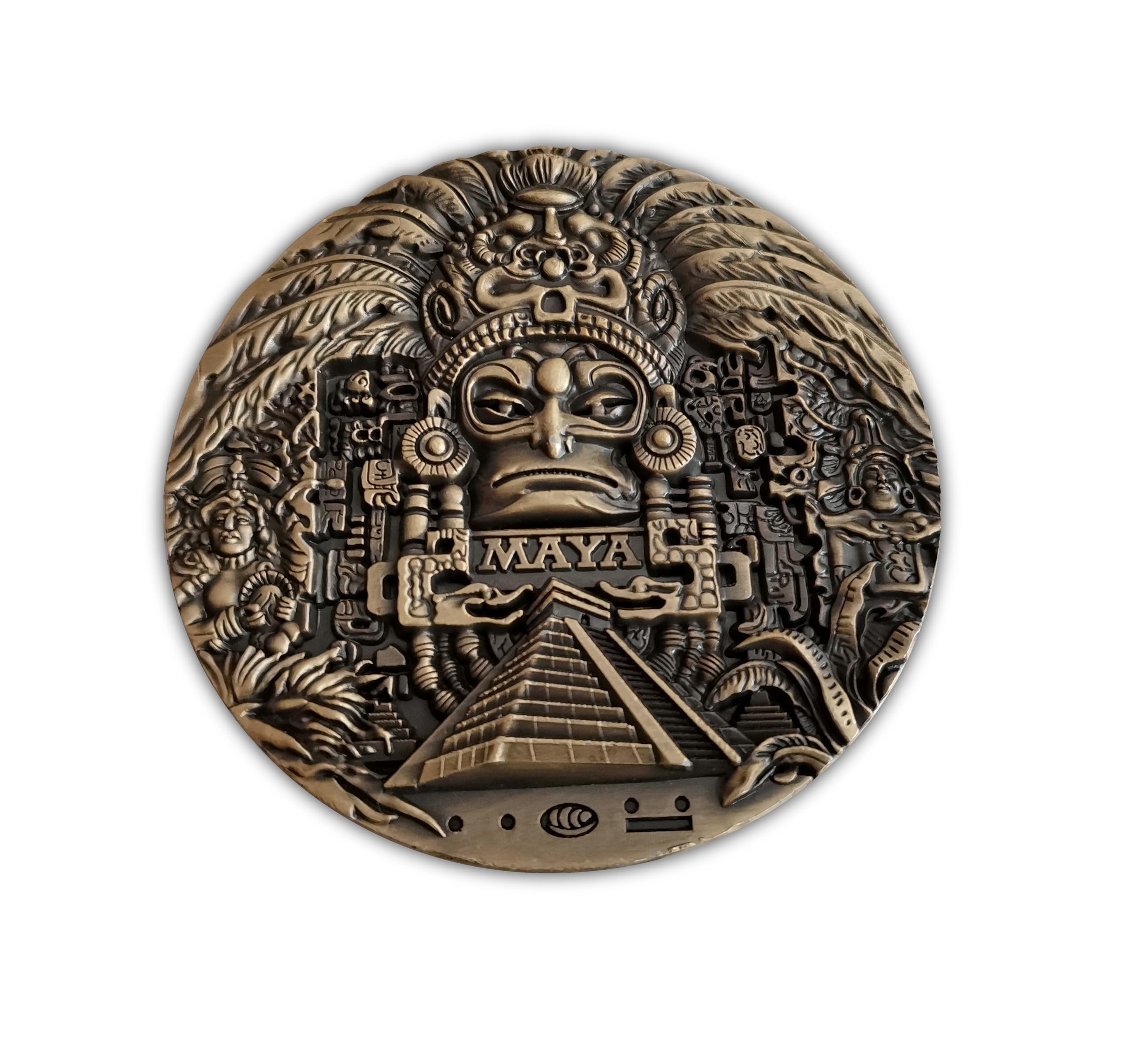 Eillwin Aztec Mayan Calendar 80mm Large Commemorative Coin - Solid Metal 3D Relief Sun Stone & Chichen Itza Pyramid Desk Ornament Souvenir
