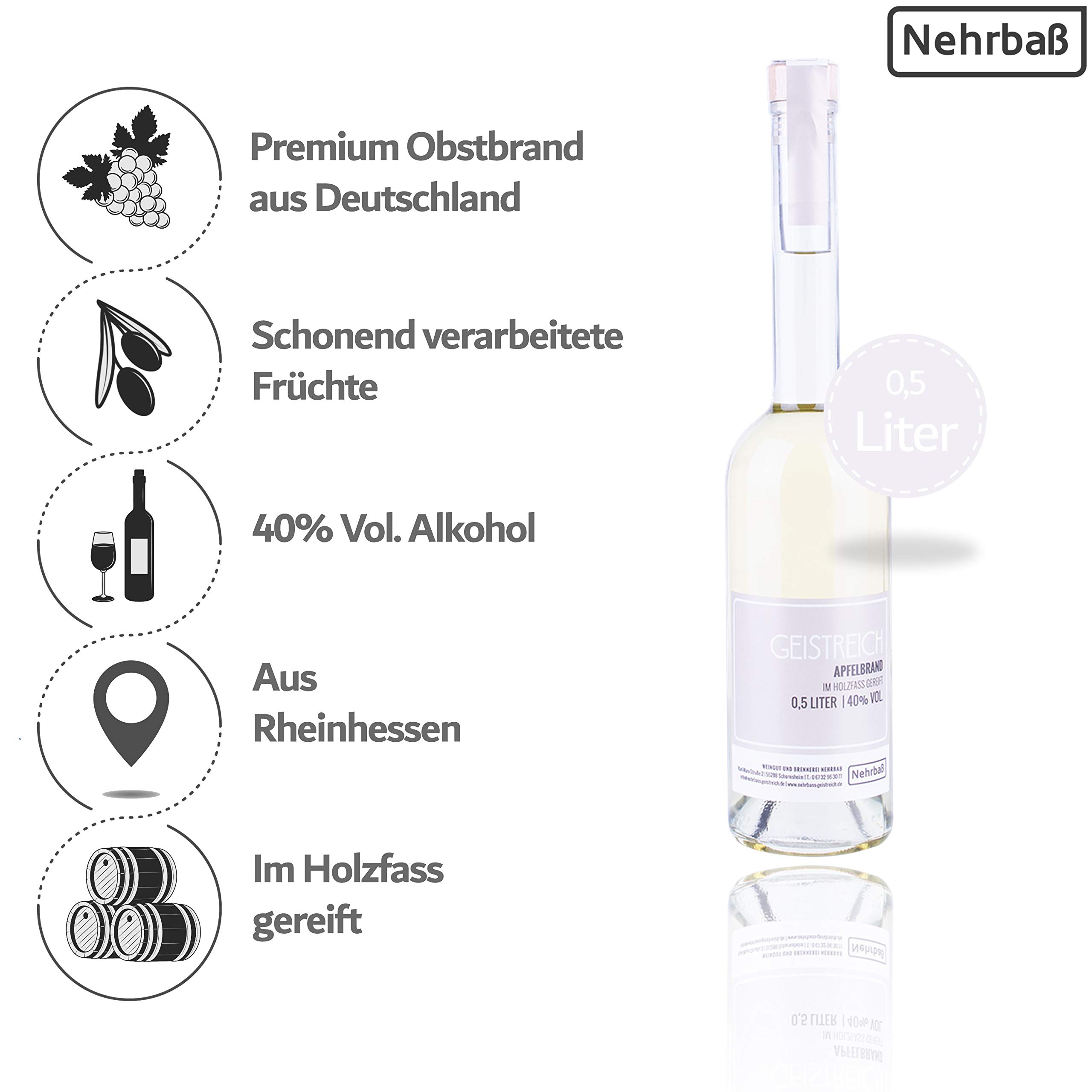 Nehrbaß - 2er Set Apfelbrand im Holzfass gereift 0,5 Liter - Premium Edelbrand 40% Vol. - Obstbrand aus ausgesuchten Äpfeln - Apfel Schnaps aus Deutschland (35,00 Euro/Liter)