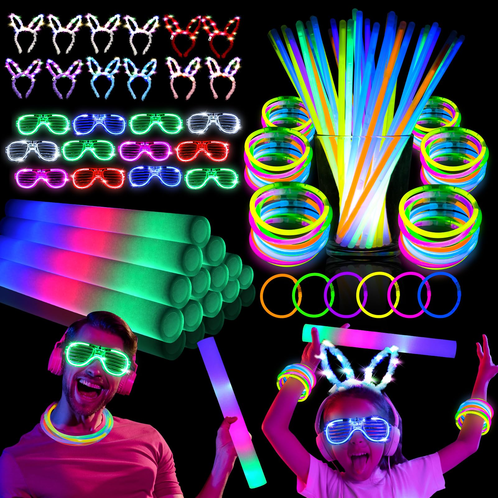 286PCS Glow in the Dark Party Supplies: 12PCS 16" Foam Glow Sticks, 12PCS LED Glasses, 12PCS Bunny Ear Headband and 250PCS Glow Sticks, Neon Party Favors for Glow Party, Wedding, Concert and Birthday