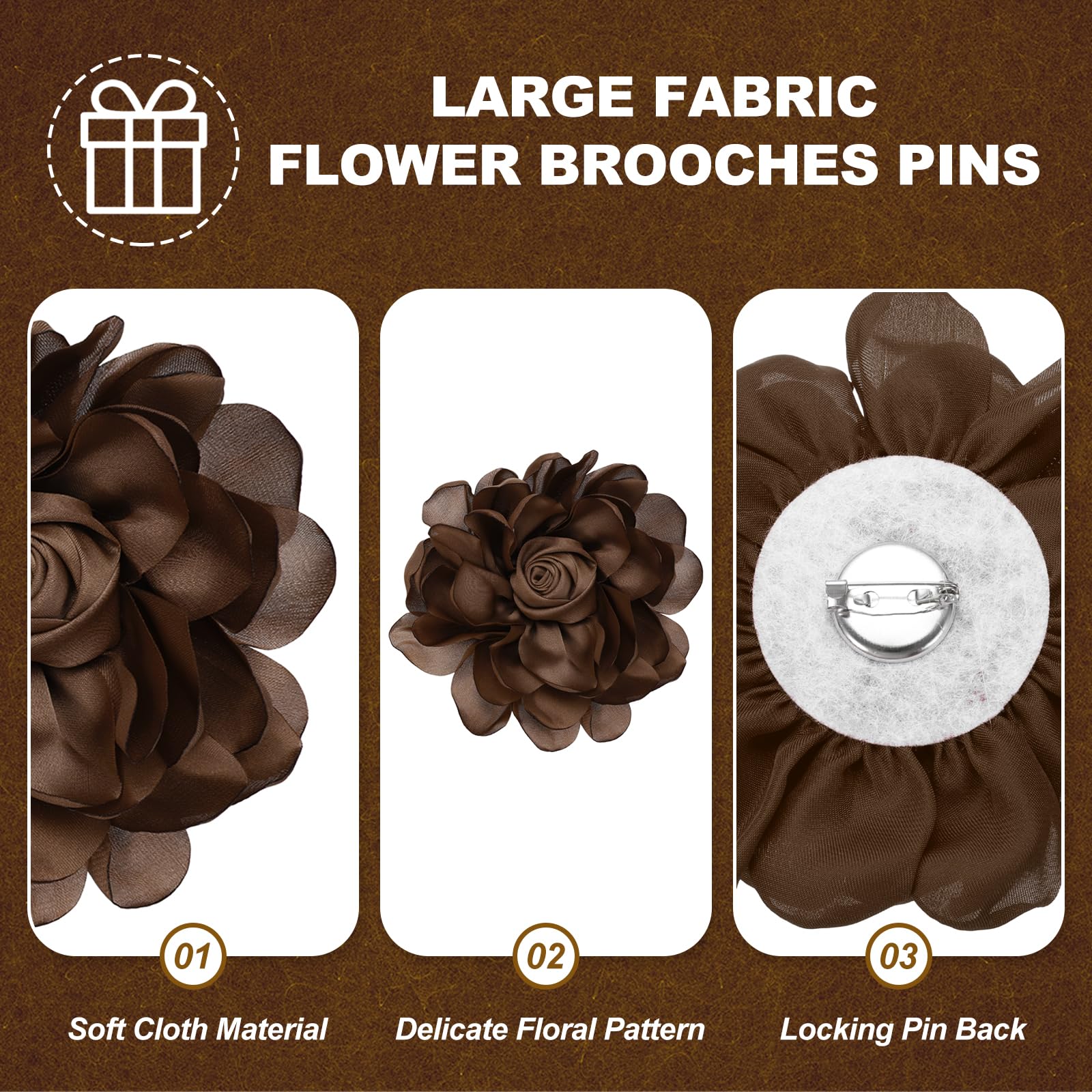 PATIKIL Broches Grandes De Flores De Tela, 2 Piezas Flores De Rosa De Satén Para Mujeres Ropa De Boda, Marrón