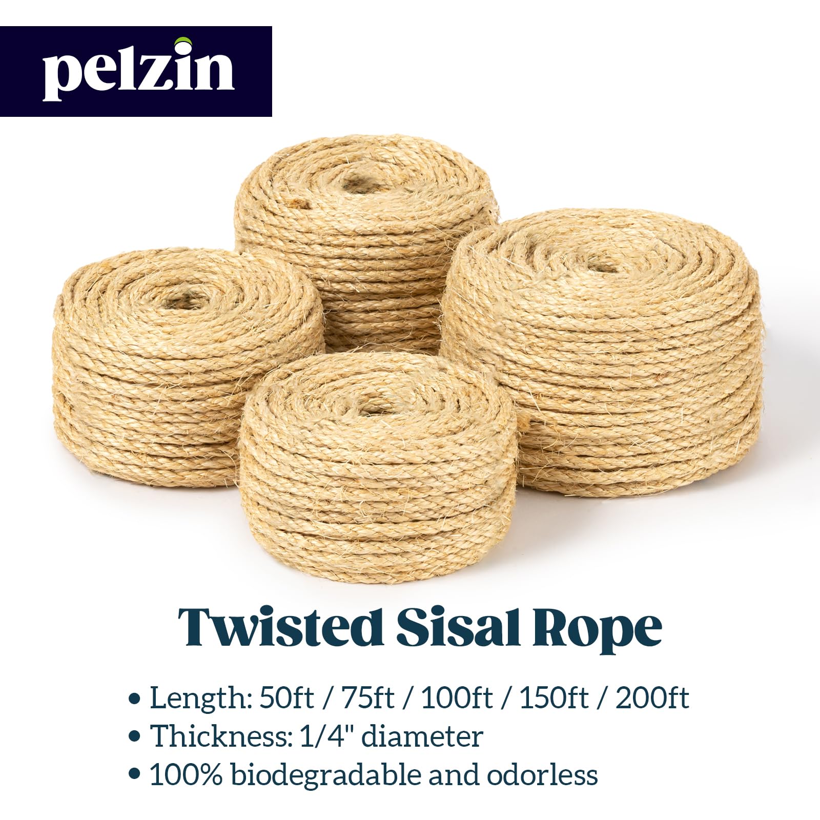 Pelzin Natural Sisal Rope for Cat Scratcher - 1/4 Inch by 100 Feet, Cat Tree Rope Twine for Scratching Post Replacement, Repairing and DIY, White: 1/4 inch by 75ft Natural