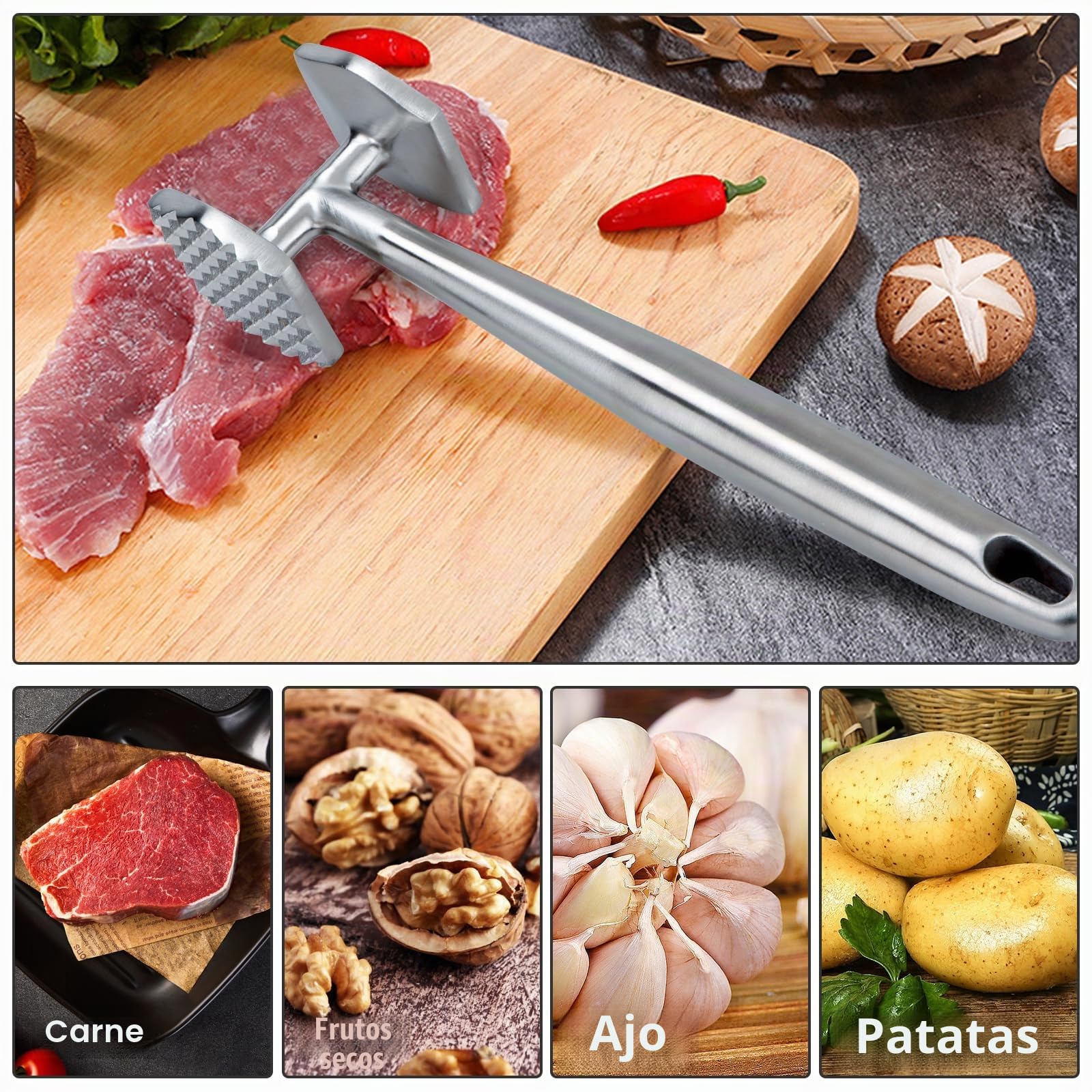AKOLAFE Martillo Carne de Acero Inoxidable 304, Ablandador de Carne Doble Cara con Lado Liso y Texturizado, Mango Hueco 26 x 5 x 6,3 cm para Bistec, Pollo y Ternera