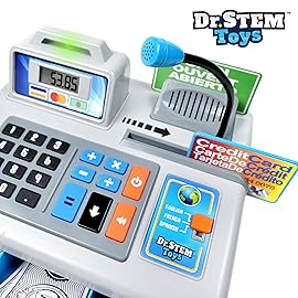 Dr. STEM Toys | Talking Toy Cash Register | STEM Learning 69 Piece Pretend Store with 3 Languages, Paging Microphone, Credit Card, Bank Card, Play Money and Banking for Kids (Silver)