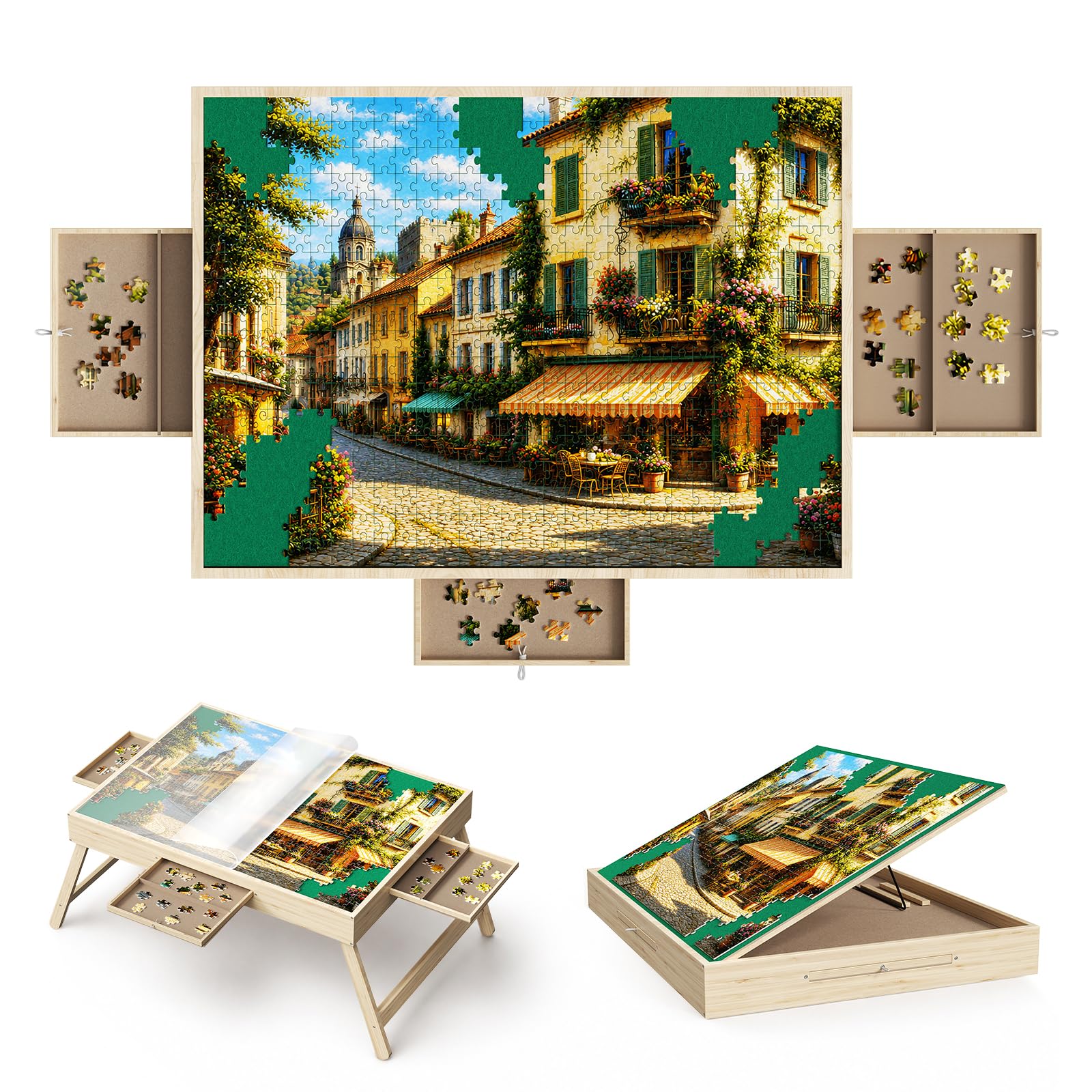 Wooden Puzzle Table with Legs, 1,500 Pcs ,3 Adjustable Angles,Foldable Legs