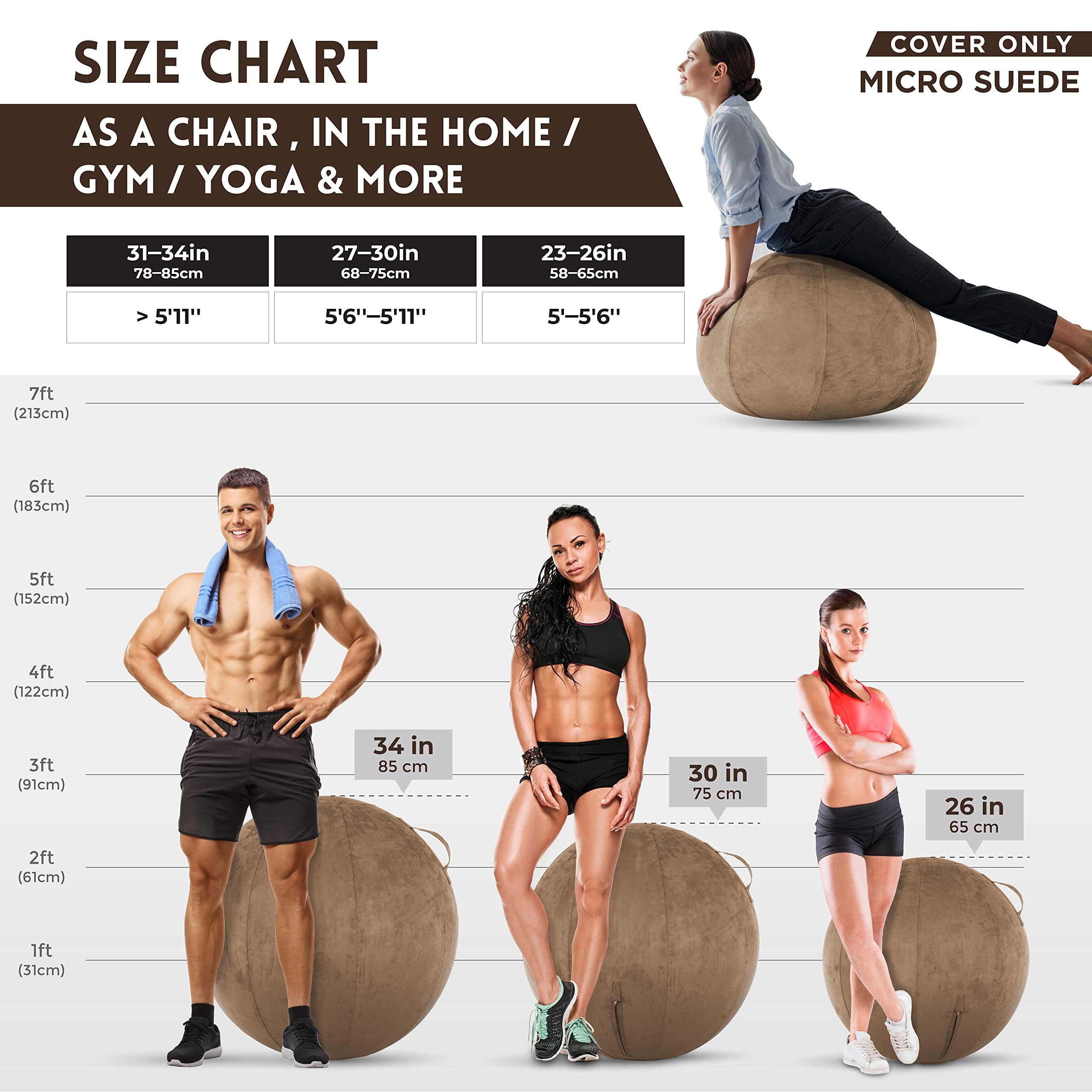 Husband Pillow Exercise Ball Case Cover Only - 65cm/26in, Saddle Brown Microsuede Leather Cover For Yoga, Pilates, Fitness Balance Stability, Office Ball Chair Seat. Soft & Slip Resistant, Pro Guide