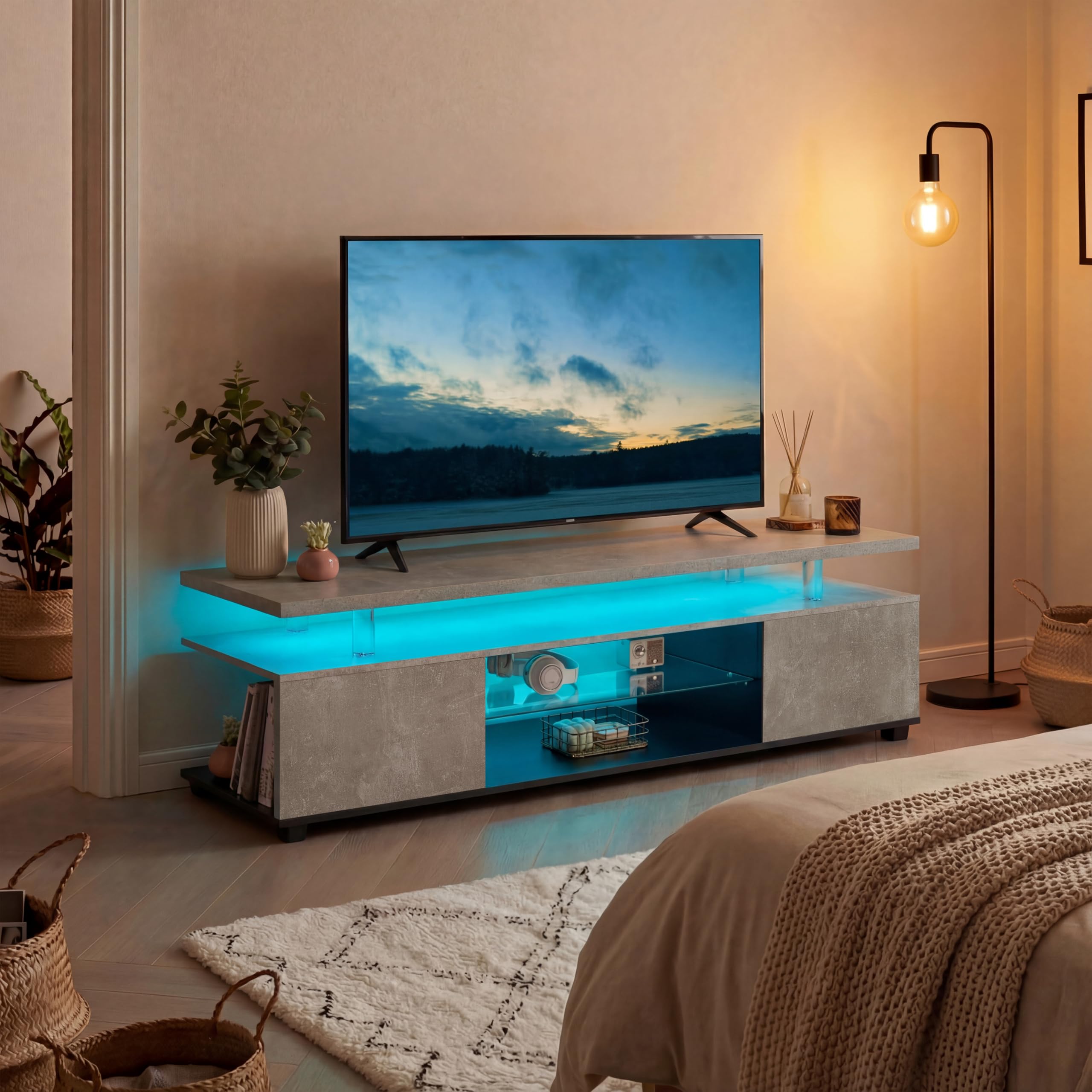 Mueble bajo para TV con LED multicolor y 3 compartimentos de almacenamiento