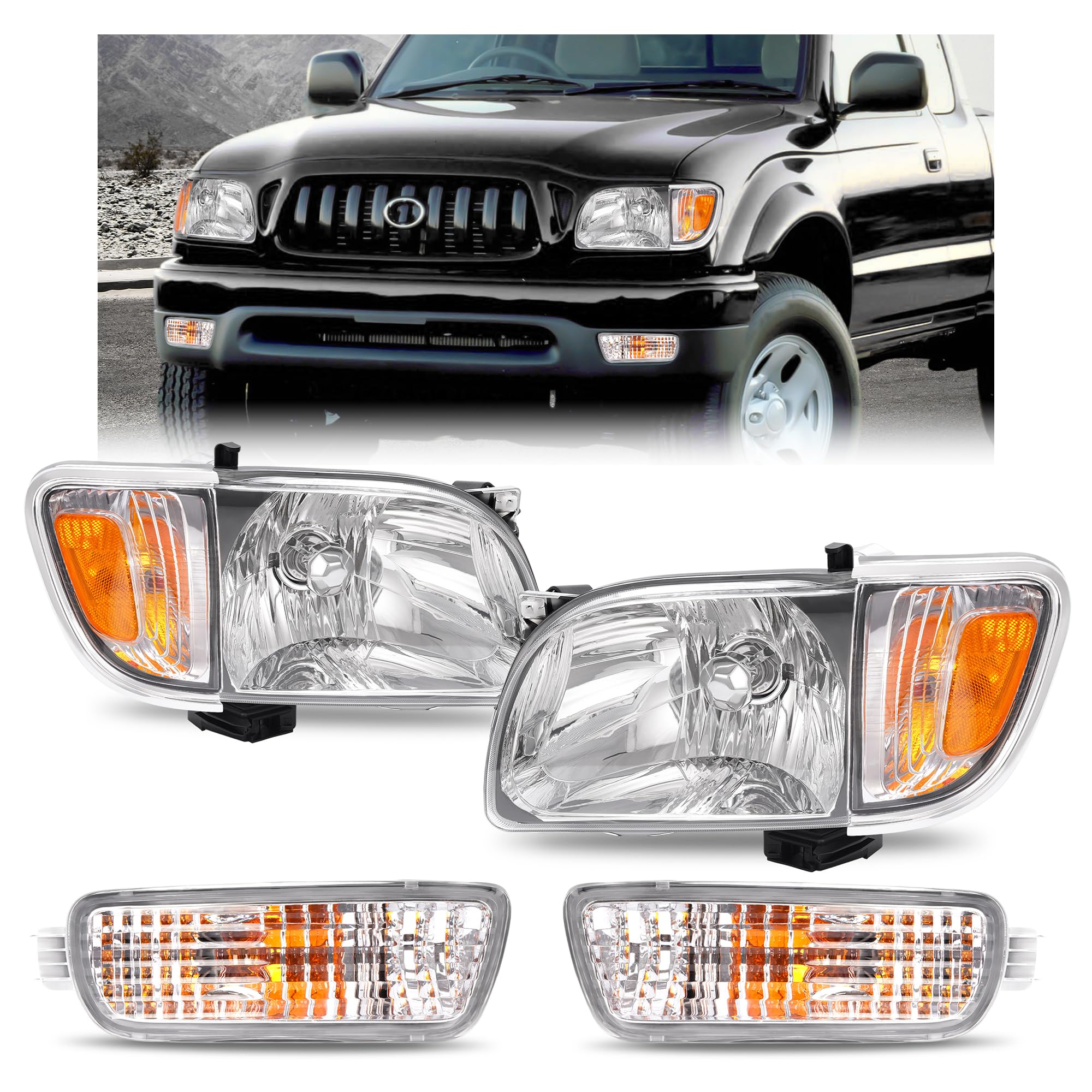 HECASA Headlight w/Bulbs Corner&Turn Signal Light Compatible with 2001-2004 Toyota Tacoma Replacement for TO2503136 TO2502136 Headlamp Signal Bumper Lights Clear Lens Black Housing Clear Trim LH&RH