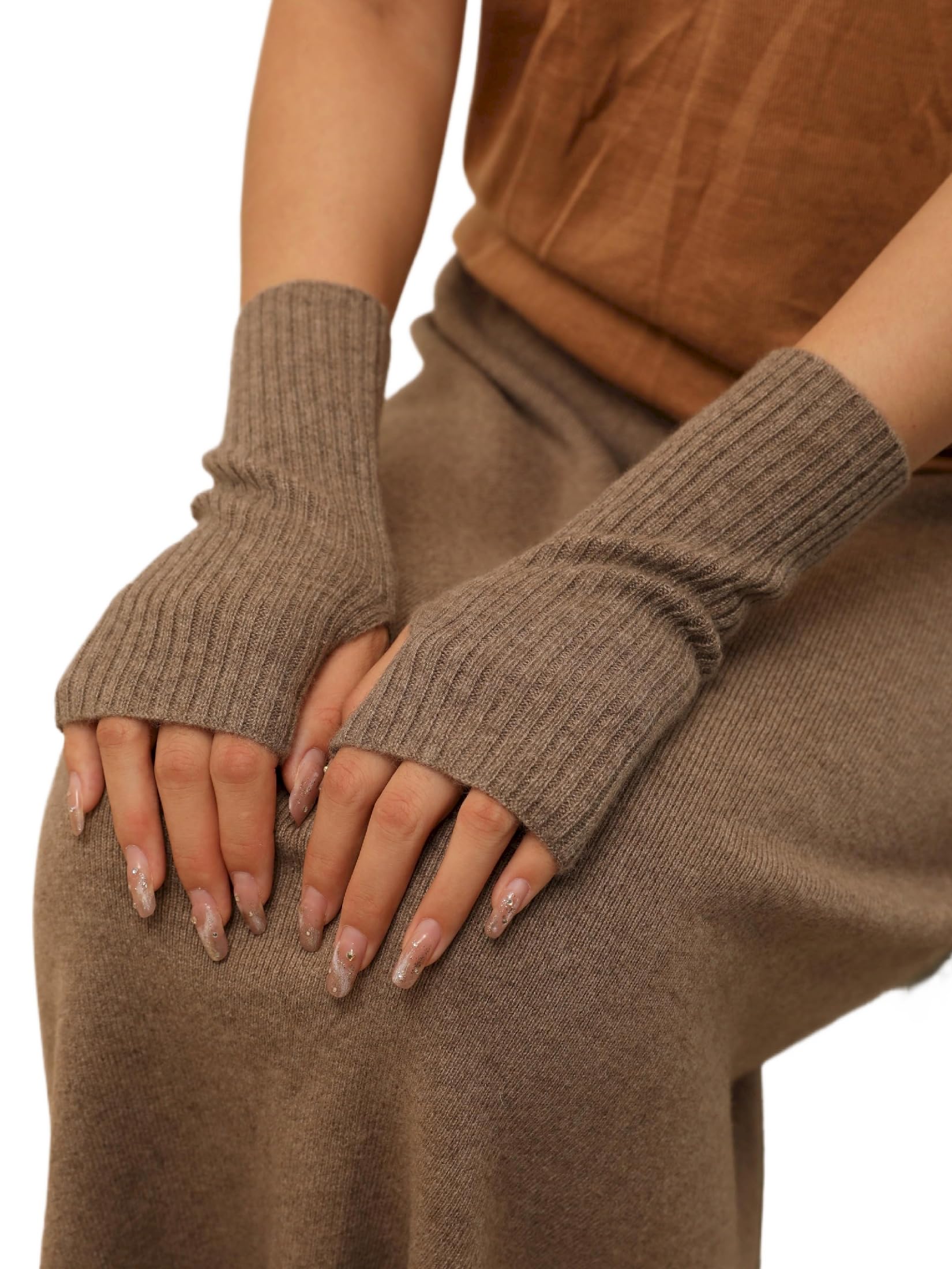 Donna Scaldamani Guanti Dita Scoperte in Cashmere 100% Cachemire Polsini Manicotti